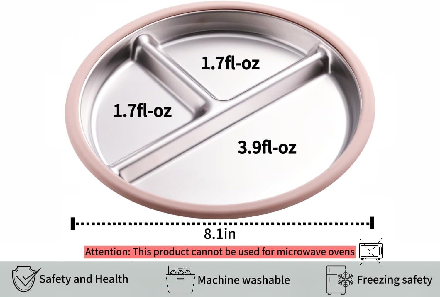 3Pack Stainless Steel Kids Plates, 8.1" Divided Toddler Plates with Removable Silicone Suction Sleeves for Baby Highchairs, Non Toxic BPA Free Non-Slip Unbreakable Snack Lunch Plate