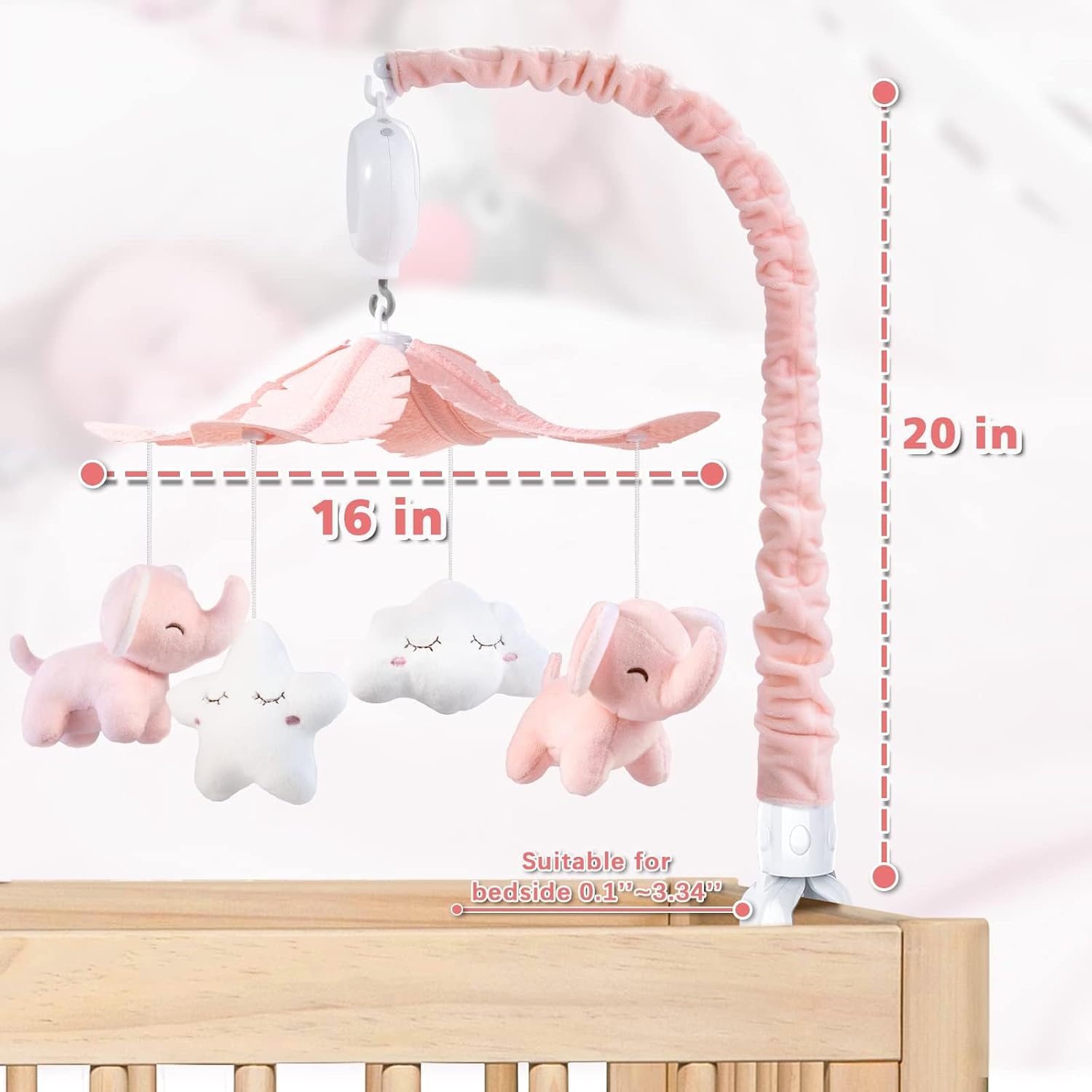 FEISIKE Crib Mobile for Girls Baby Mobiles with 3 Modes Digital Music Box（Turn Only, Music Only, Turn & Music, 35 Lullabies, Pink Elephant Nursery Mobile, Clamp Type, Pretty Box Packaging