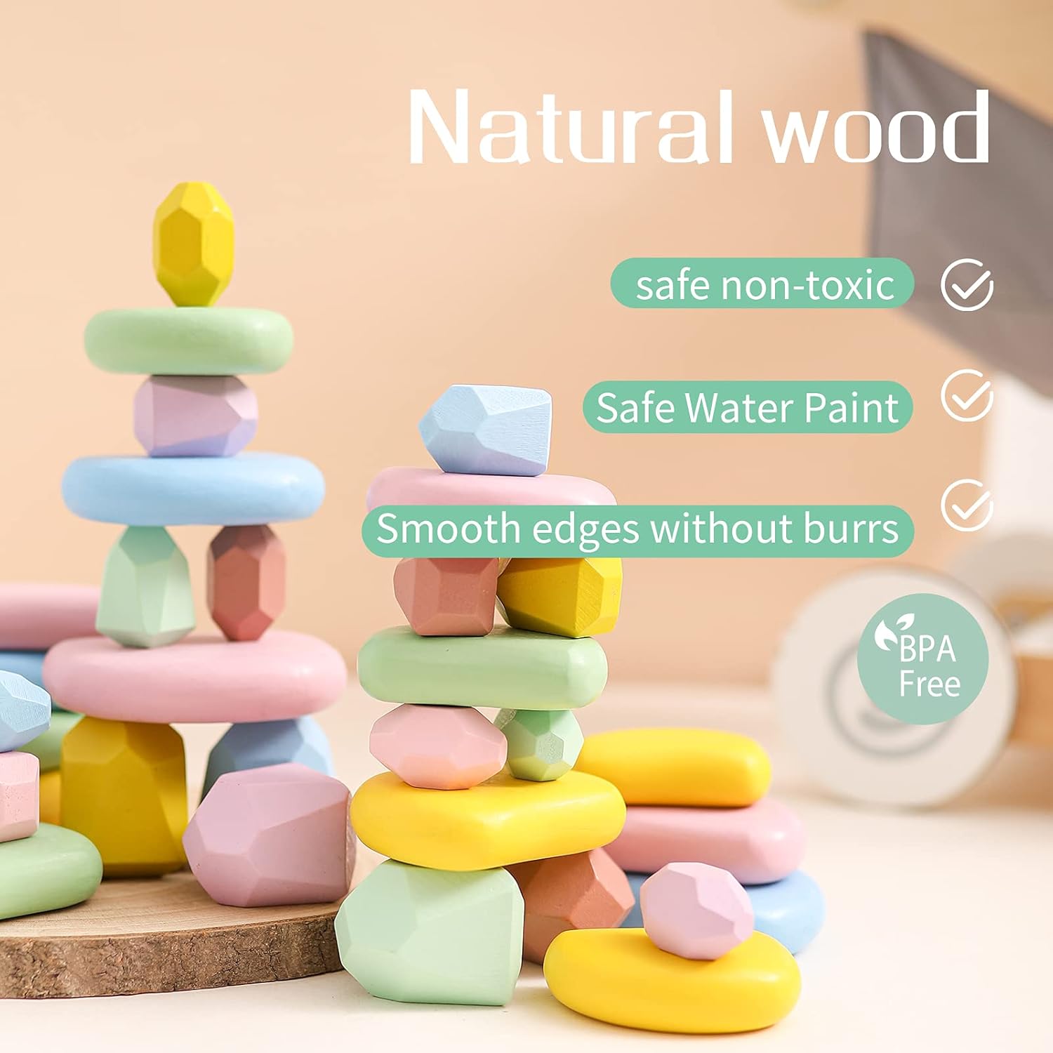 OESSUF 34PCs Stacking Rocks Balancing Stones Wooden Stacking Toys for Toddler Montessori Sorting Game