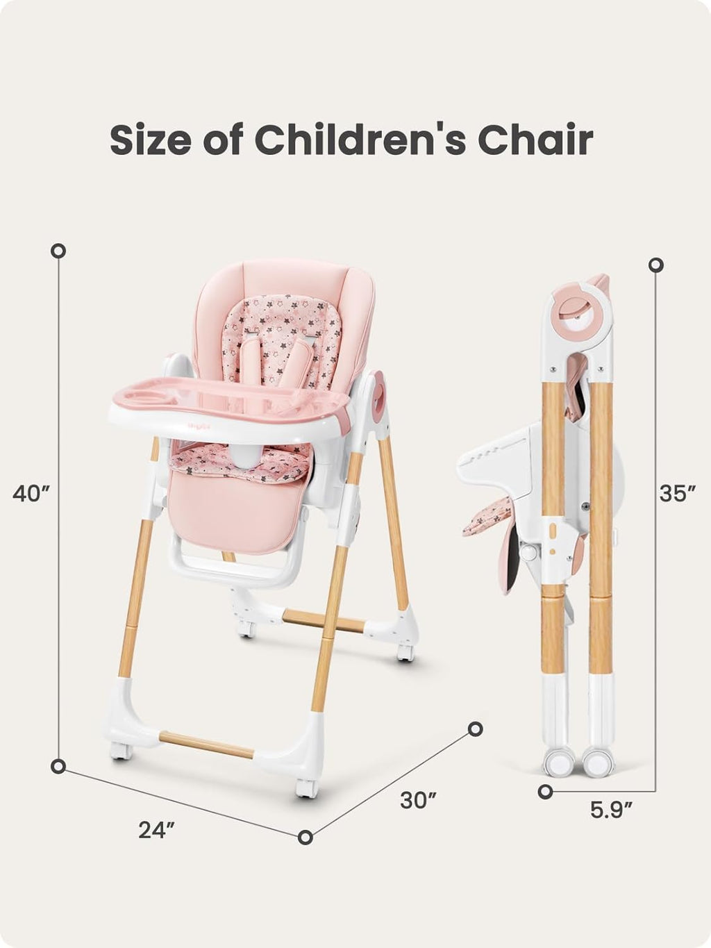 Foldable High Chair with Soft Cushion, High Chairs for Babies and Toddlers, Height Adjustable Feeding Chair, Adjustable Backrest and Footrest, Lockable Wheels, Woodgrain Star Pink