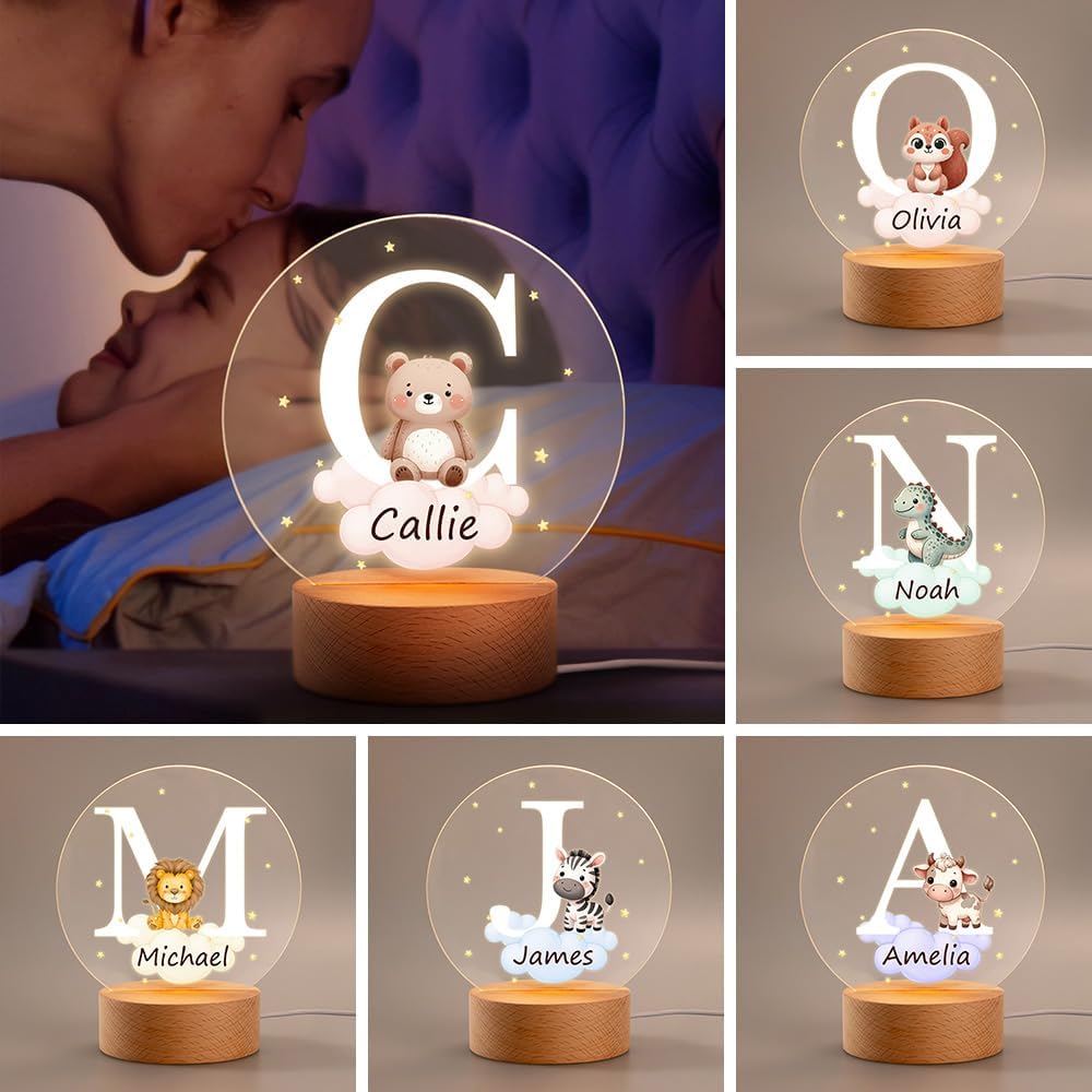 callie Acrylic Night Light Name Plate Personalized, Custom Cute Forest Animals with Wooden Base Bedroom Decor, Birthday Gifts Christmas Gifts for Family