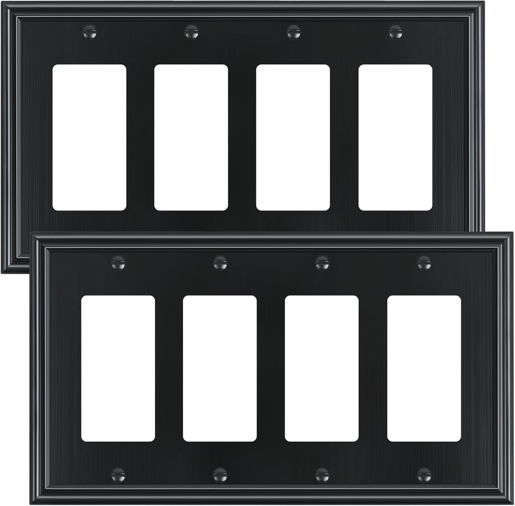 2-Pack Quad Decorator Outlet Cover Plate, Zinc Alloy Decorative Black Switch Plates and Outlet Covers, 4 Gang Wall Plates for Electrical Outlets, Receptacle, GFCI Outlet, Dimmer Switch