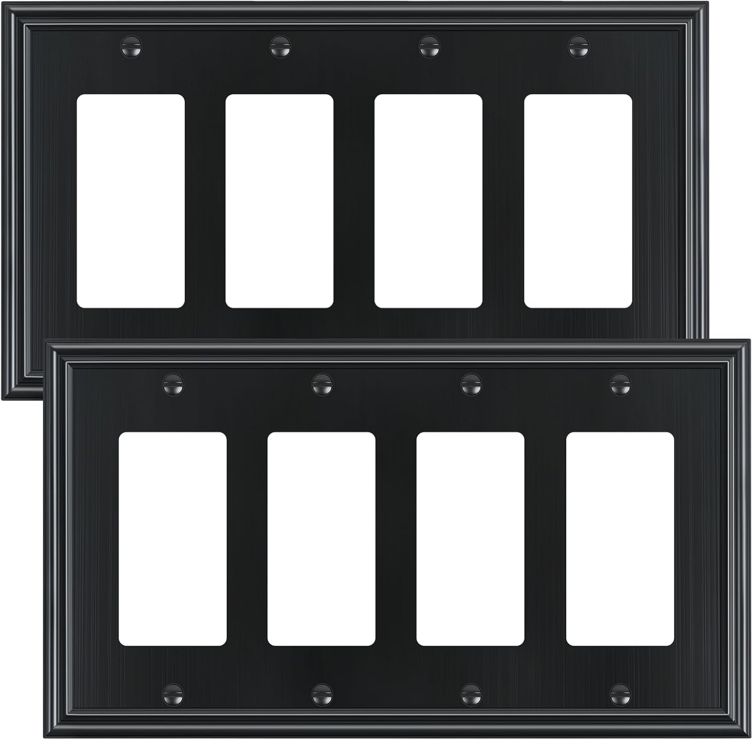 2-Pack Quad Decorator Outlet Cover Plate, Zinc Alloy Decorative Black Switch Plates and Outlet Covers, 4 Gang Wall Plates for Electrical Outlets, Receptacle, GFCI Outlet, Dimmer Switch