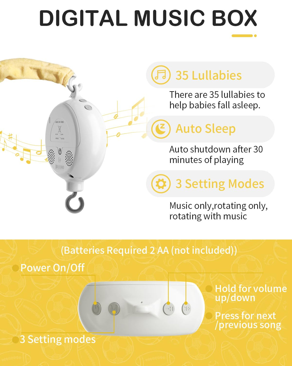 FEISIKE Baby Crib Mobile with 35 Lullabies, 3 Modes Rotation & Music, Soother Toy Adjustable Volume, Sport-Themed Nursery Decor Musical Mobile for Crib or Bassinet