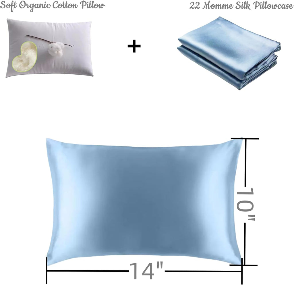 Organic Silk Baby Pillowcase with Zipper, Small 10"x13" Pillow Cover for Boys & Girls, Ideal for Bed & Travel, Soft for Kids Hair & Skin, Hypoallergenic Pillowcases for Toddlers (Blue Grey+ Pillow)