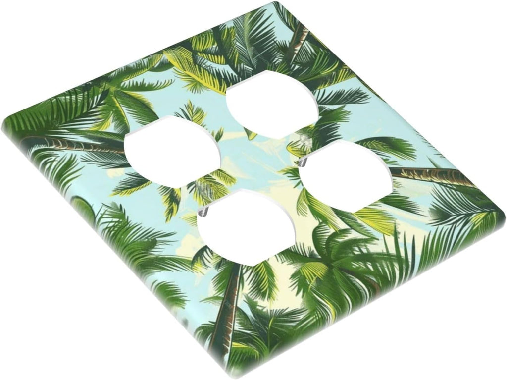 Summer Sky Coconut Palms Trees Green Plants Leaf Outlet Covers 2 Gang Double Duplex Decorative Light Switch Covers Electrical Wallplates Socket Faceplate for Bed Room Living Room Decor