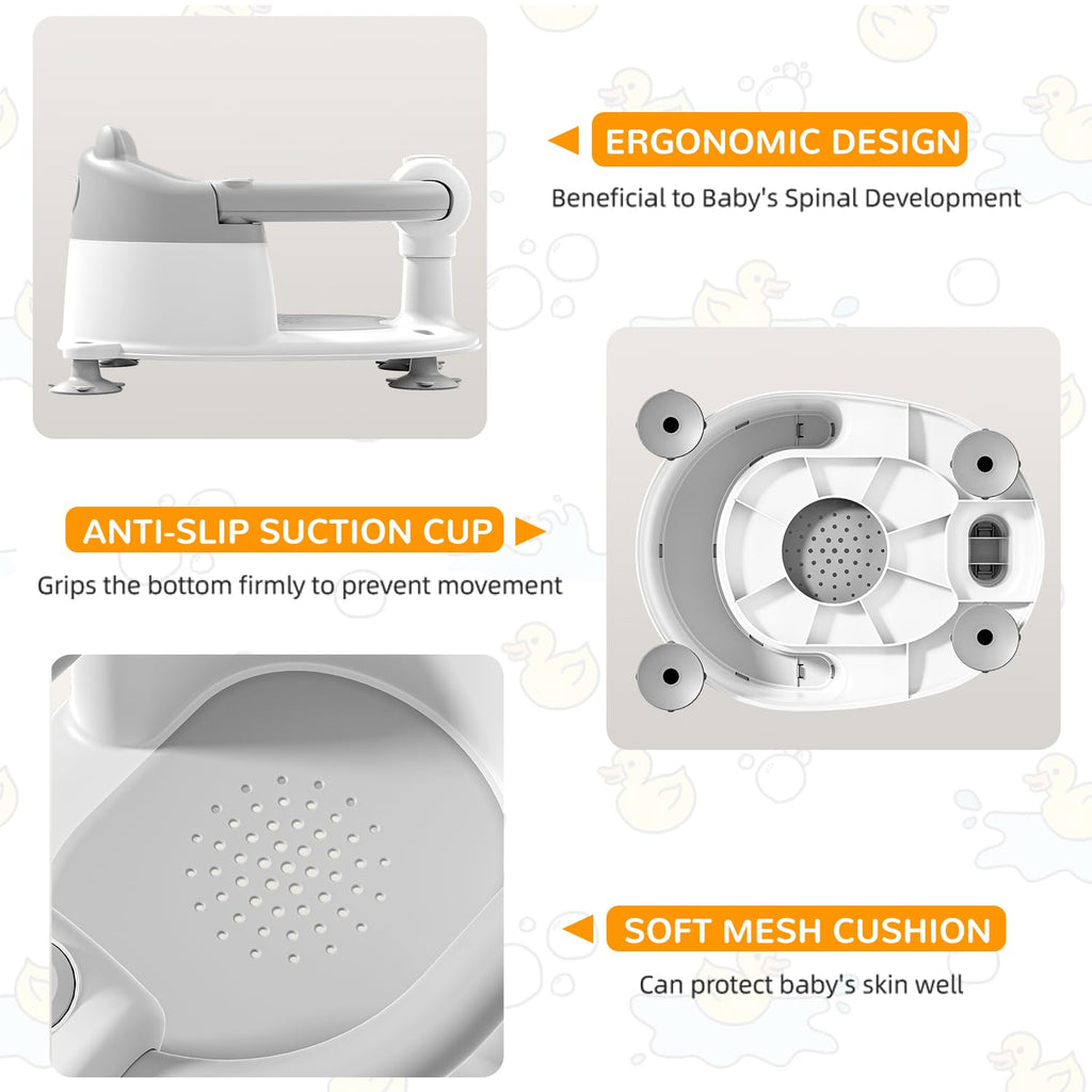 Baby Bath Seat for Babies 6 Months & up, Non-Slip Toddler Bath Seats for Babies Sitting Up, Safe Infant & Newborn Bathtub Chair with 4 Suction Cups & Soft Cushion for Shower,Gray