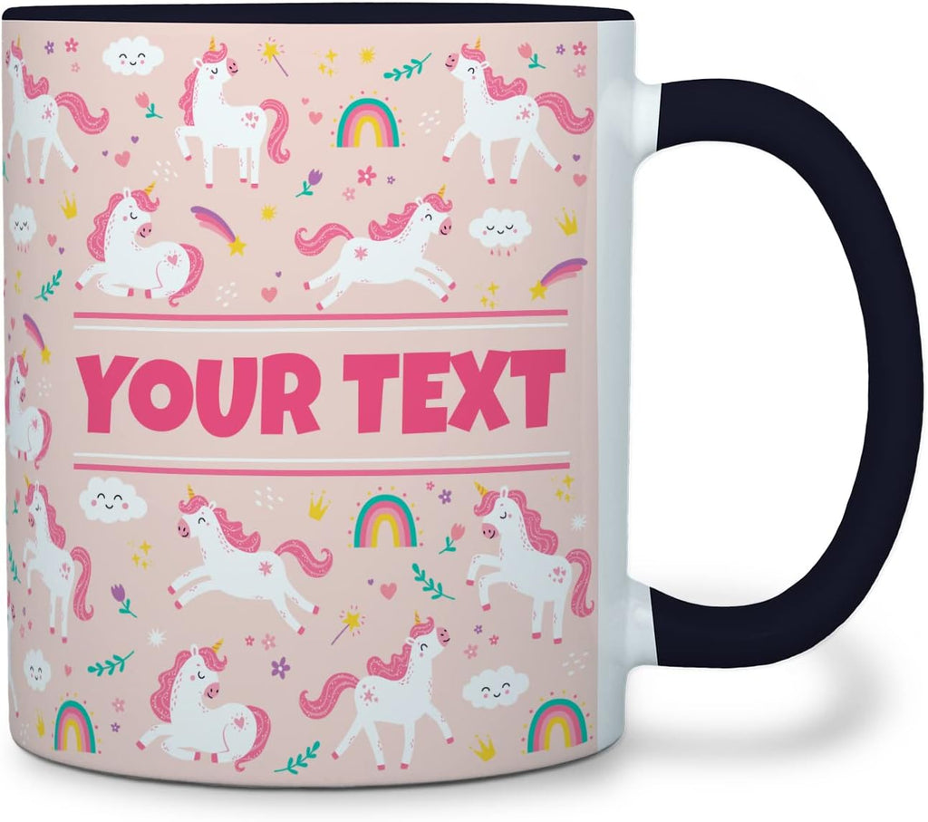 Personalized Mug for Kids - Pink Unicorn - Custom Name/Text, Ceramic Hot Chocolate/Cocoa/Coffee Cup for Girls, Birthday/Christmas/Holiday Gift - 11 oz, Black Handle
