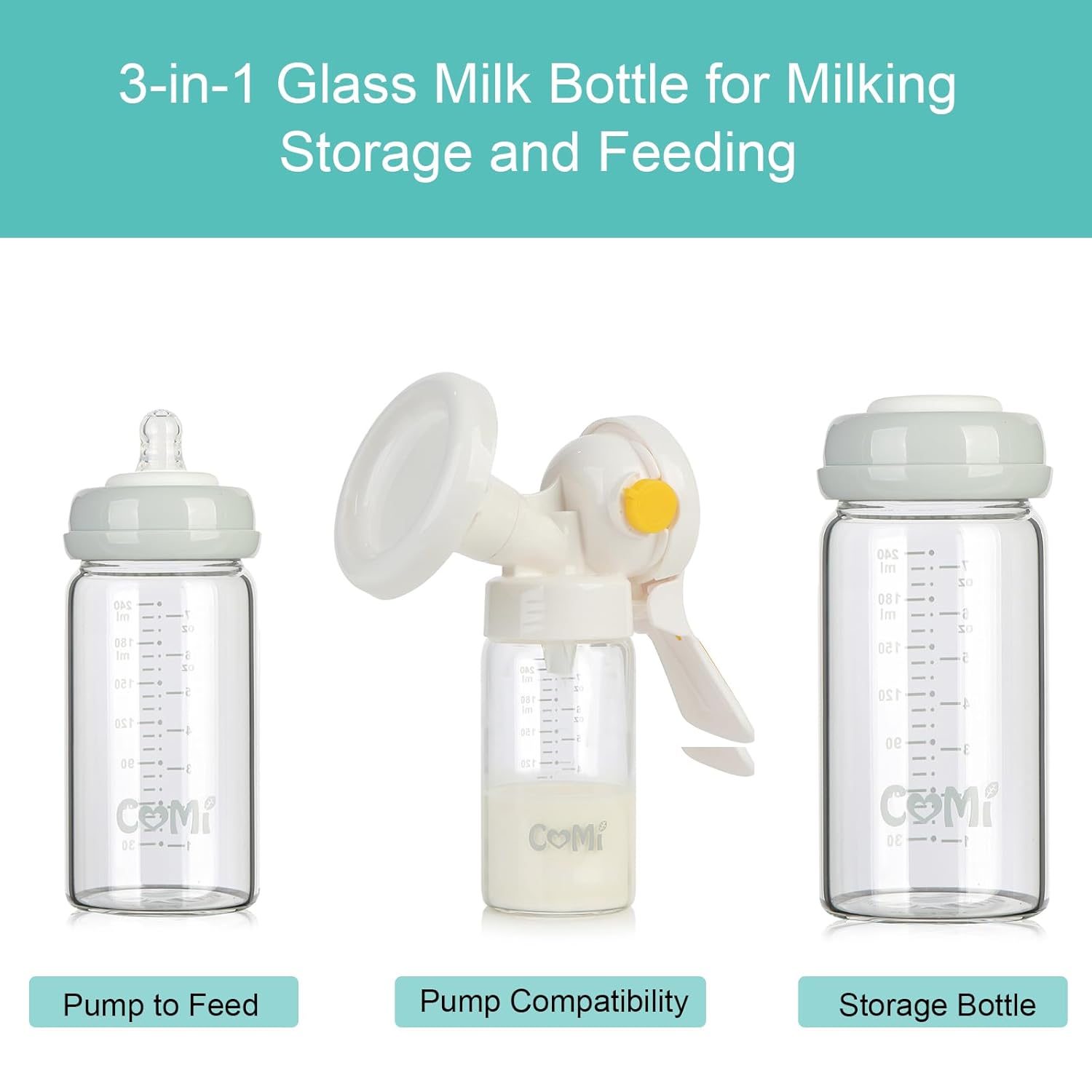 COMI Wide Neck Glass Breastmilk Collection n Storage Bottle, 8oz with Screw Ring Sealing Disk; Re-markable Sealing Disc. BPA Free, Fits Breast Pumps & Nipples (6 Gray Lids)