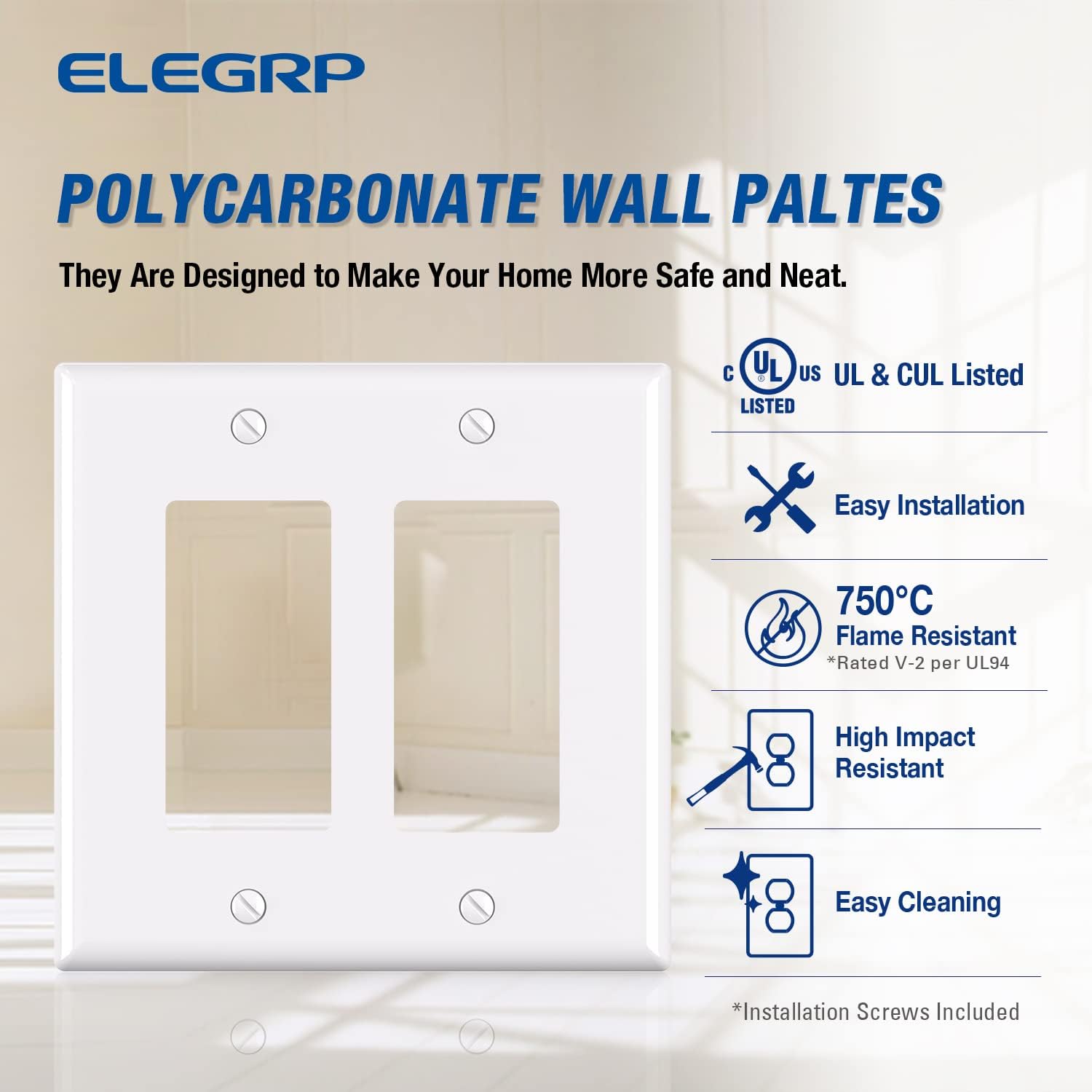 ELEGRP 2-Gang Decorative Wall Plates, Mid-Size 4.88" H x 4.94" L Unbreakable Thermoplastic Faceplate Cover for Decorator Receptacle Outlet Switch, UL Listed (10 Pack, Glossy White)