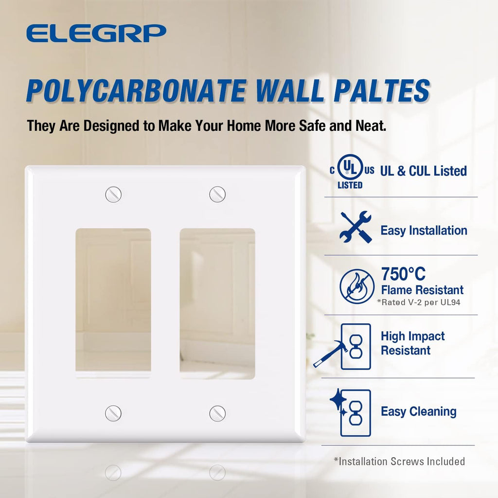 ELEGRP 2-Gang Decorative Wall Plates, Mid-Size 4.88" H x 4.94" L Unbreakable Thermoplastic Faceplate Cover for Decorator Receptacle Outlet Switch, UL Listed (5 Pack, Glossy White)