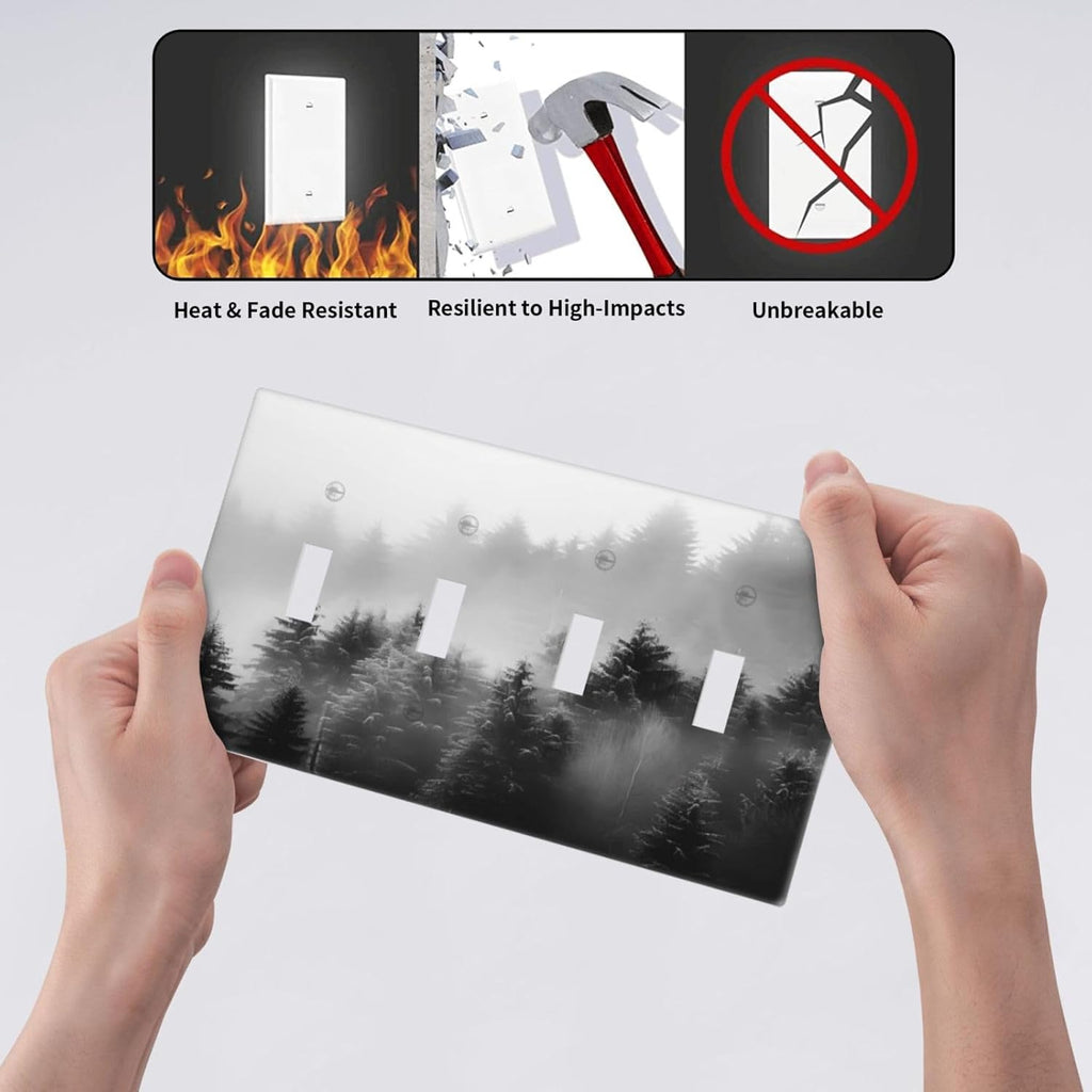 Foggy Forest Natural Scenery Retro Tree Pine Light Switch Covers Quad Toggle Electrical Faceplate 4 Gang Wall Plate Decorative Switch Plates for Bed Room Living Room Decor