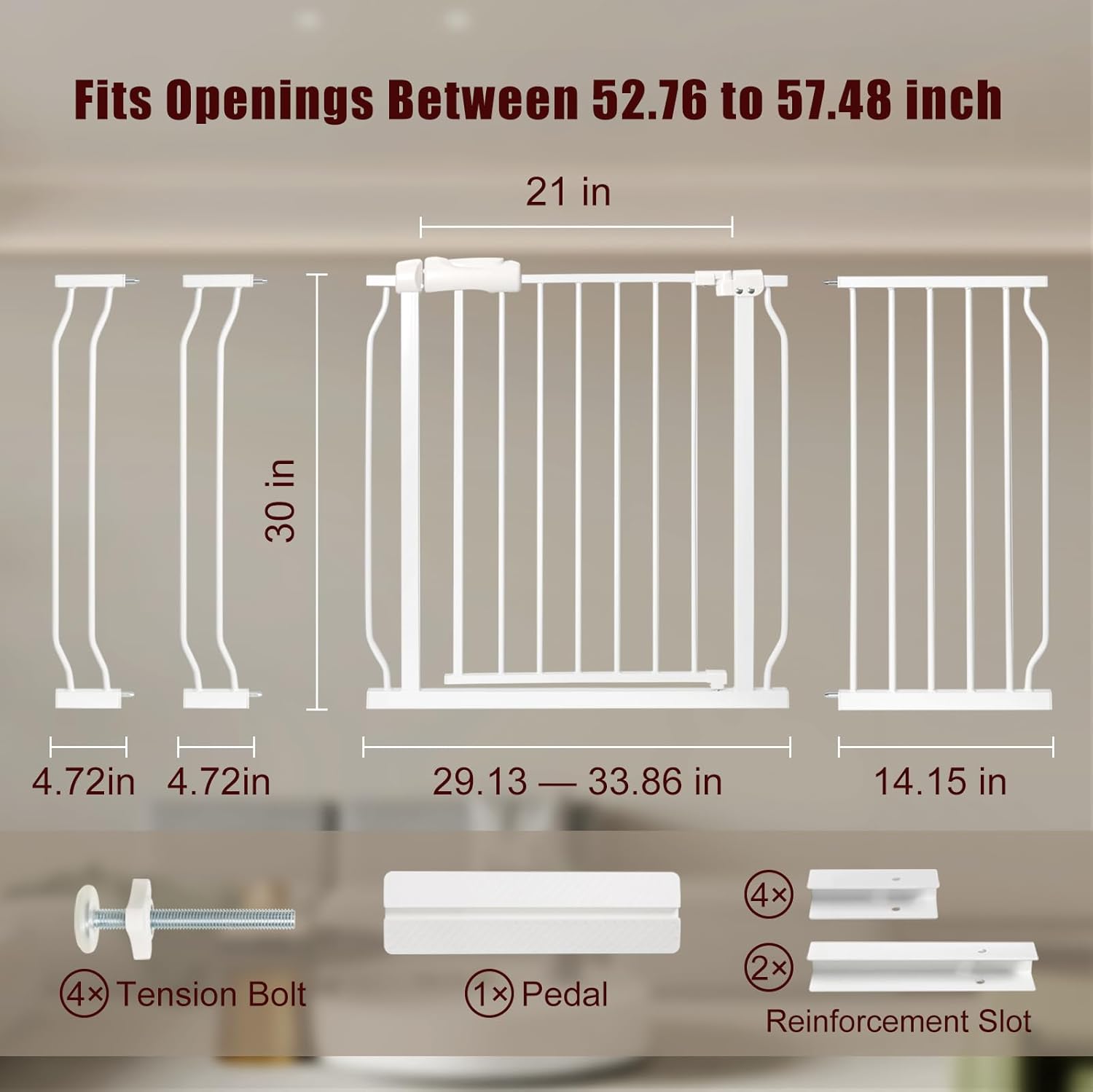 Extra Wide Baby Gate 52.76-57.5 Pressure Mounted,Child Dog Pet Safety Gates with Walk Through Door for Doorways Stairs No Drilling in Door,White
