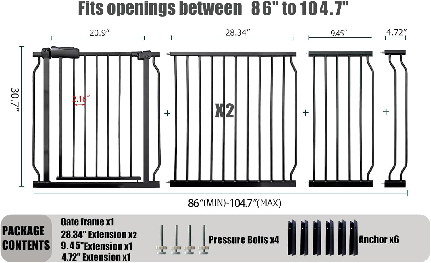 Heavy Duty Baby & Dog Safety Gate 86-104.7 Inch, Black Metal, Pressure Mounted No Drilling Pet Gate for Large Openings