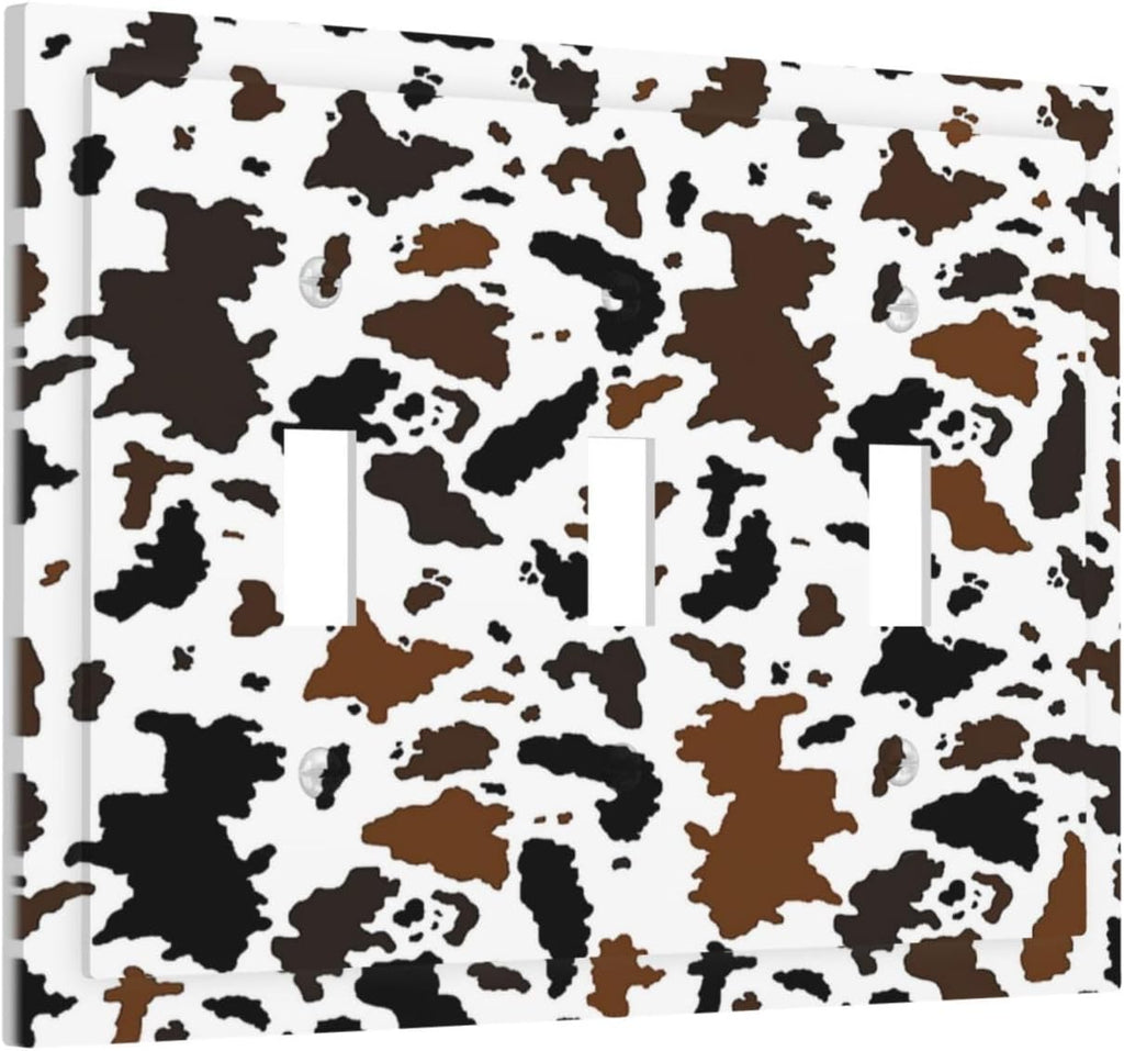 Decorative Switch Plates Rustic Cowhide Highland Cow Milk Cow 3 Gang Wall Plate Triple Toggle Light Switch Cover Faceplate Electrical Wall Panels For Farmhouse Home Decor