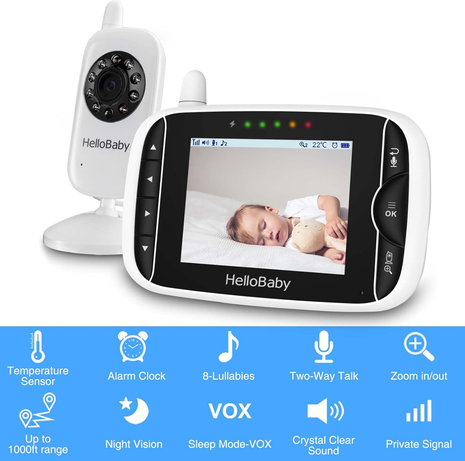 Video Baby Monitor with Camera and Audio, 3.2Inch LCD Display, Infrared Night Vision, Two-Way Audio and Room Temperature Monitoring,Lullaby,Sound Activated Screen
