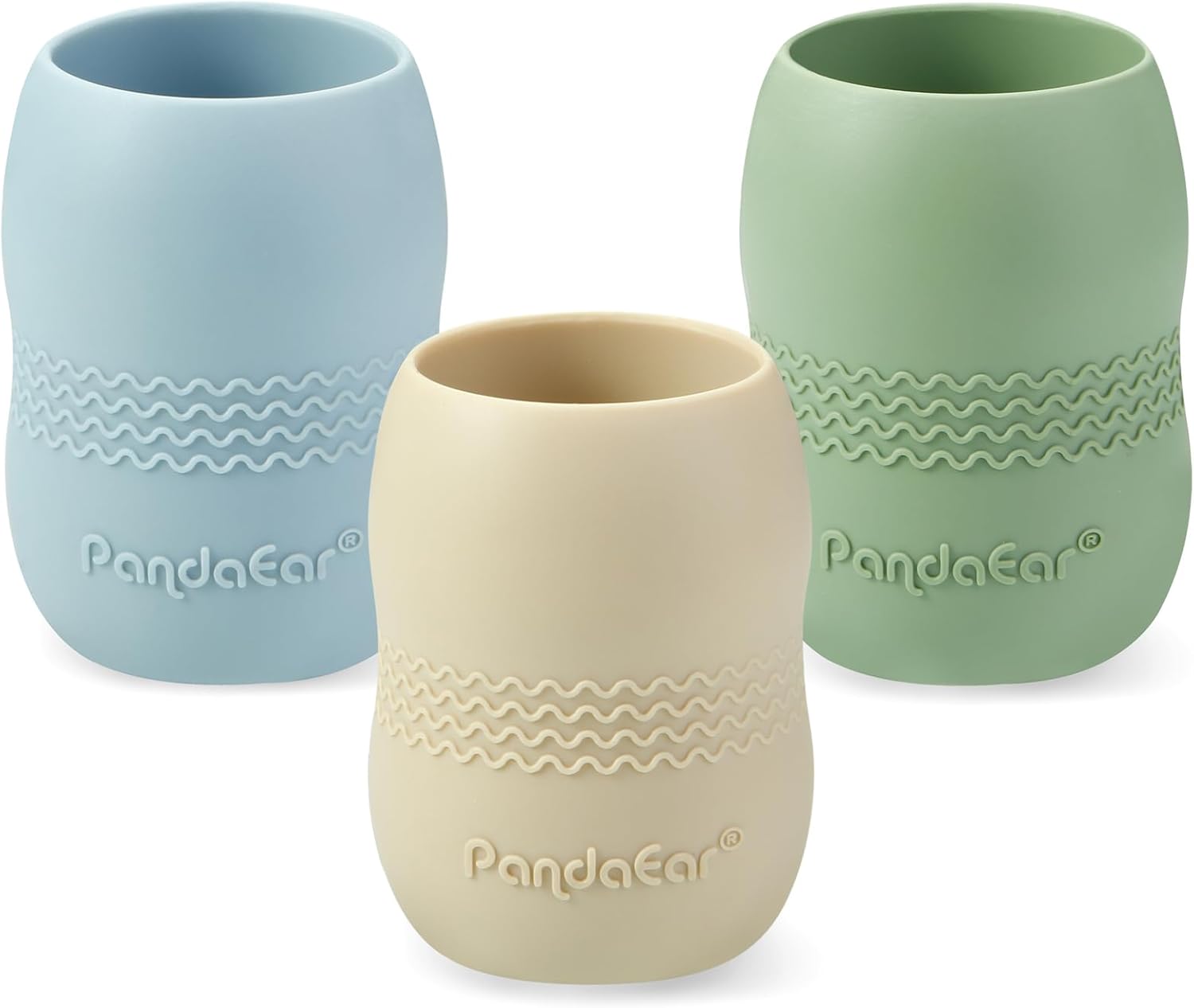 PandaEar 3 Pack 100% Tiny Silicone Drinking Training Cup for Baby and Toddler, Tiny Open Cups for Infants (Blue/Green/Tan)