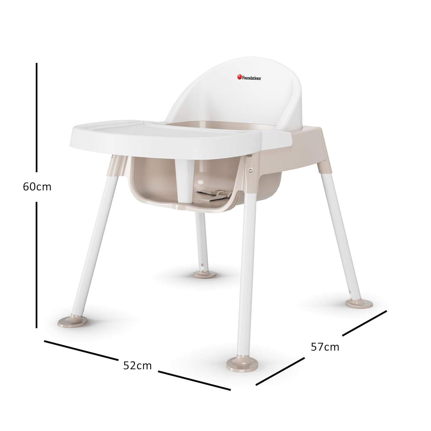 Foundations Secure Sitter 11" Feeding Chair, Stable “No Tip” Feet, 3-Point Adjustable Harness, Removable Tray, Easy to Clean, Smooth Plastic (White/Tan)