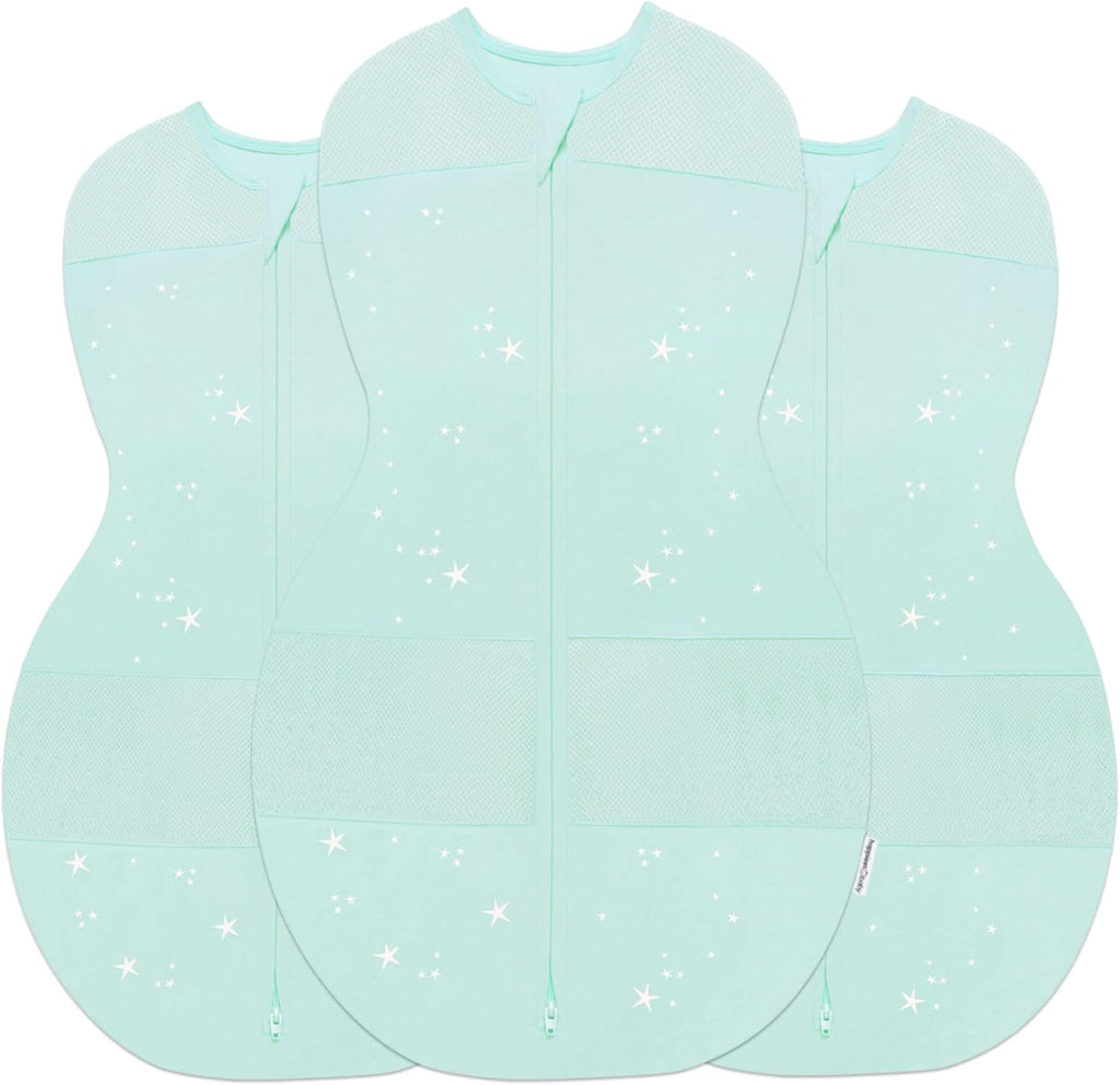Happiest Baby Sleepea 5-Second Swaddle - 100% Organic Cotton Baby Swaddle Blanket - Doctor Designed Promotes Healthy Hip Development - 3-Pack Bundle (Teal Stars, S, M, L)