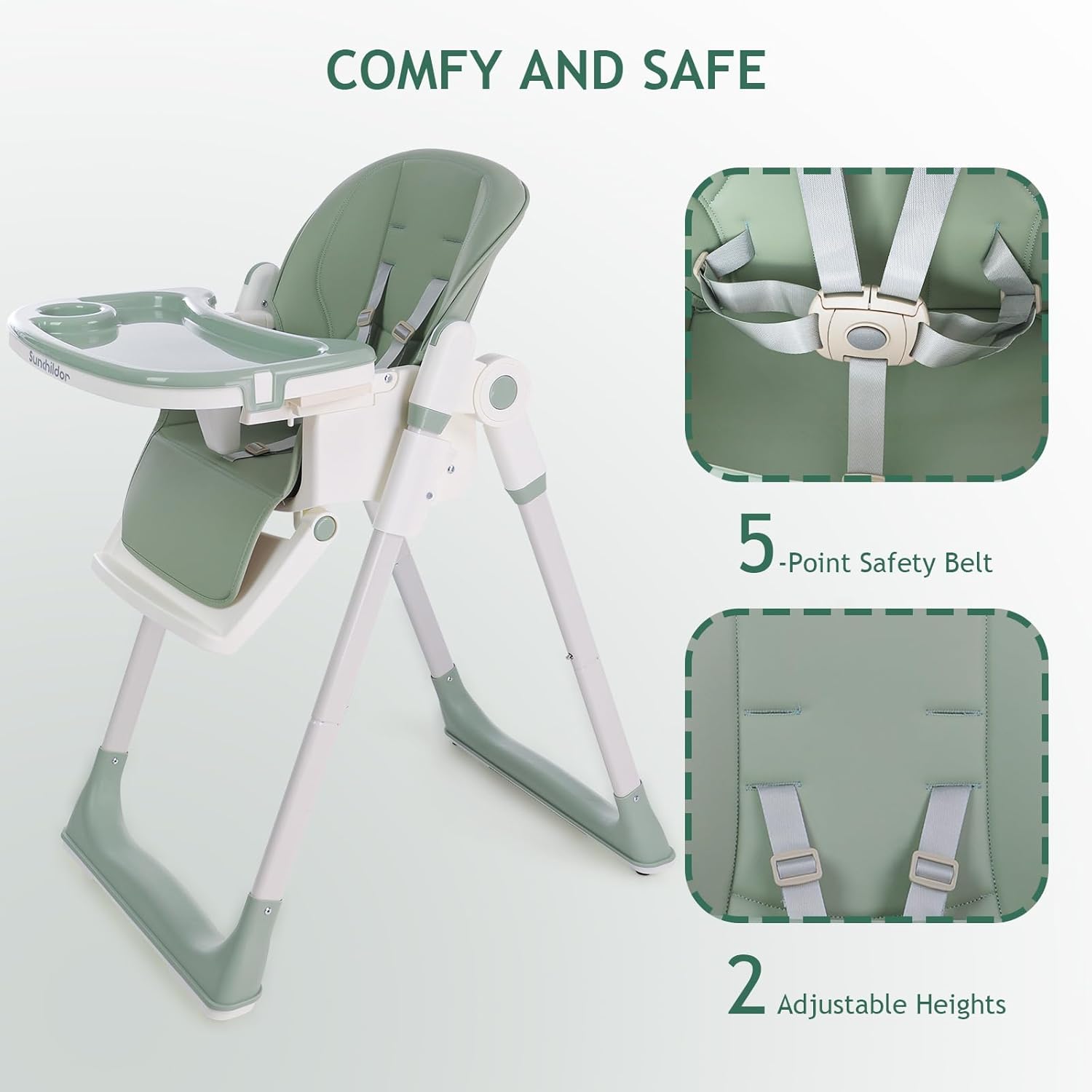 3 in 1 Baby High Chair with Wheels, Adjustable 5 Point Harness, Tray, Foot Rest, Backrest and Seat Height, Foldable High Chair for Toddlers, Green