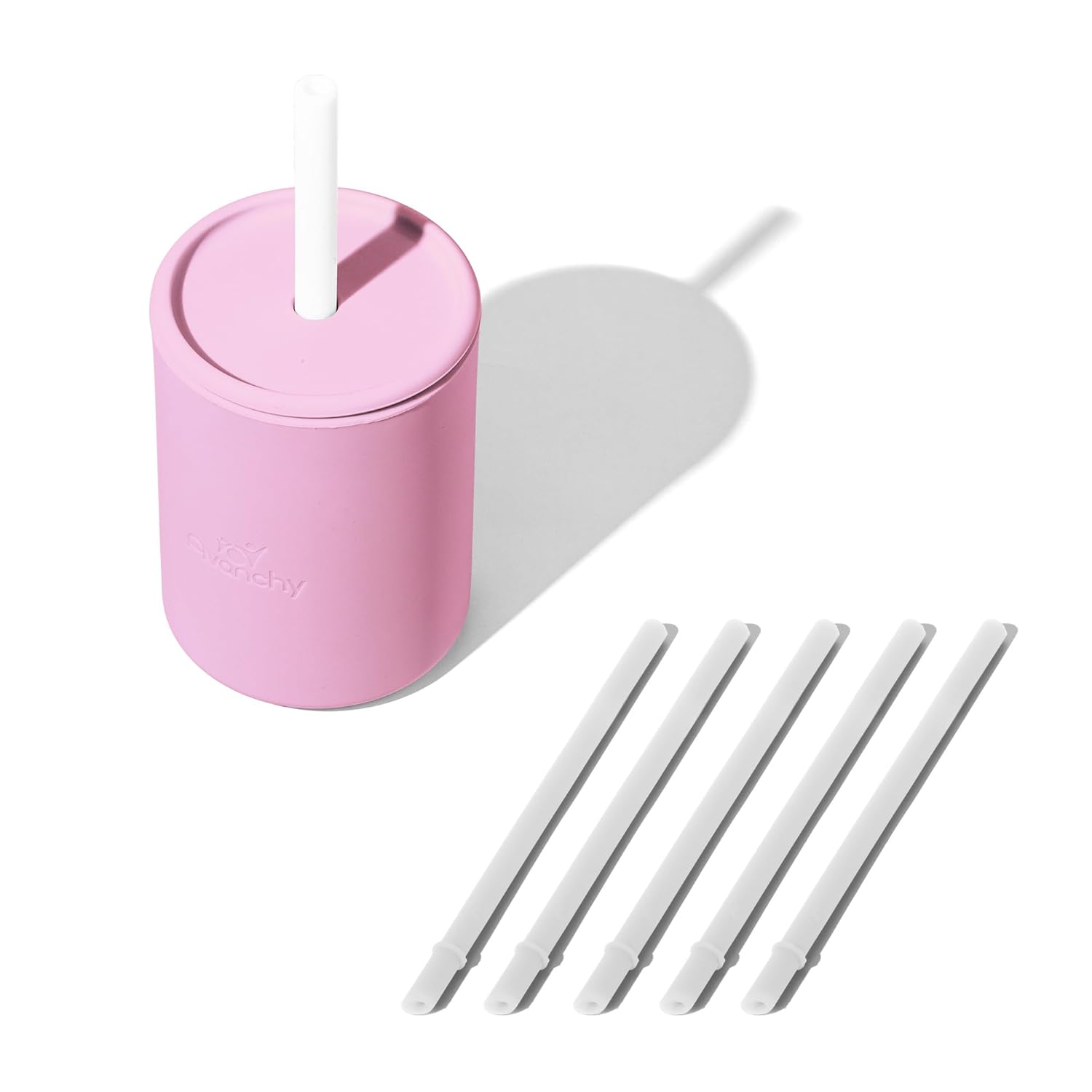 Avanchy Silicone Training Sippy Cup with Straw Lid – Tiny Cup for Babies 6+ Months to Toddlers 1 Year Old – 5 oz Infant Water Cup for Baby Led Weaning, Pink + 5 Reusable Straws