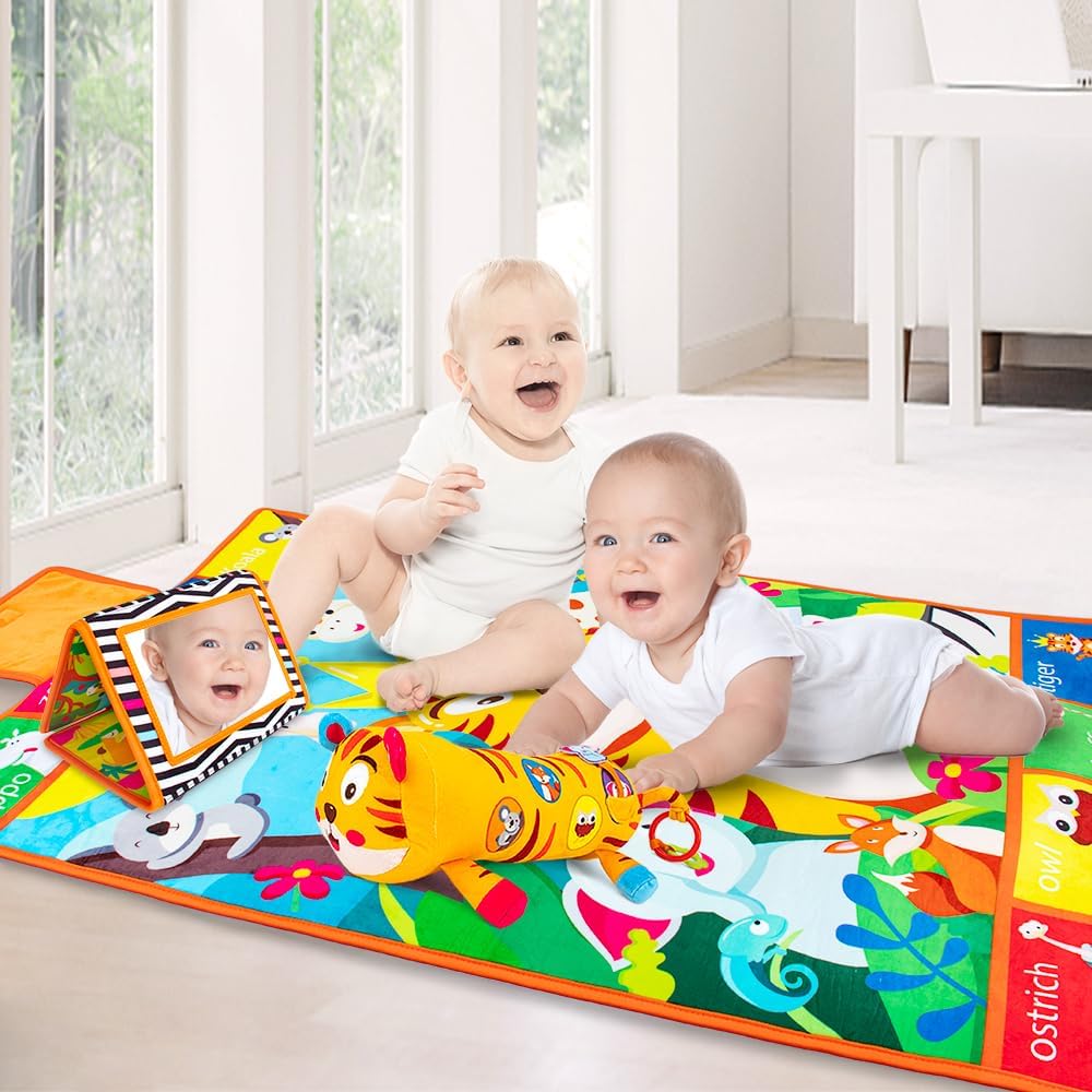 Tummy Time Toys,3-in-1 Tummy time Mat & Baby Mirror & Pillow- High Contrast Black and White Baby Toys for Early Education,Newborn Infant Activity Mat Set for 0 3 6 12 Month