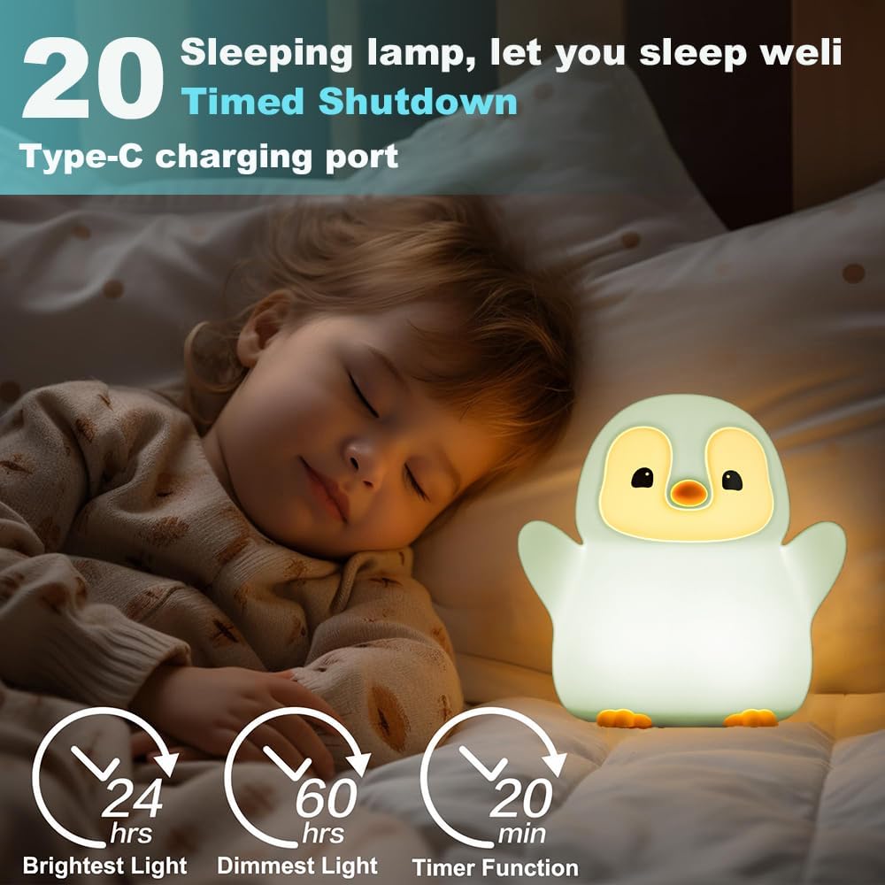 Cute Penguin Night Light for Kids Bedroom, Animal Silicone Nursery Night Lamp Touch Control Nightlights USB Rechargeable Bedside Lamp for Baby Children Toddlers Girls Gift