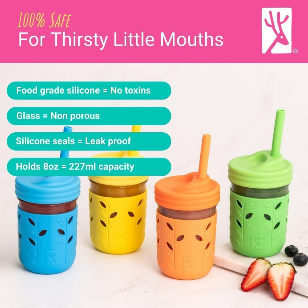 Elk and Friends Kids & Toddler Cups | The Original Glass Mason jars 8 oz with Silicone Sleeves & Silicone Straws with Stoppers | Smoothie Cups | Spill Proof Sippy Cups for Toddlers | 4 Pack