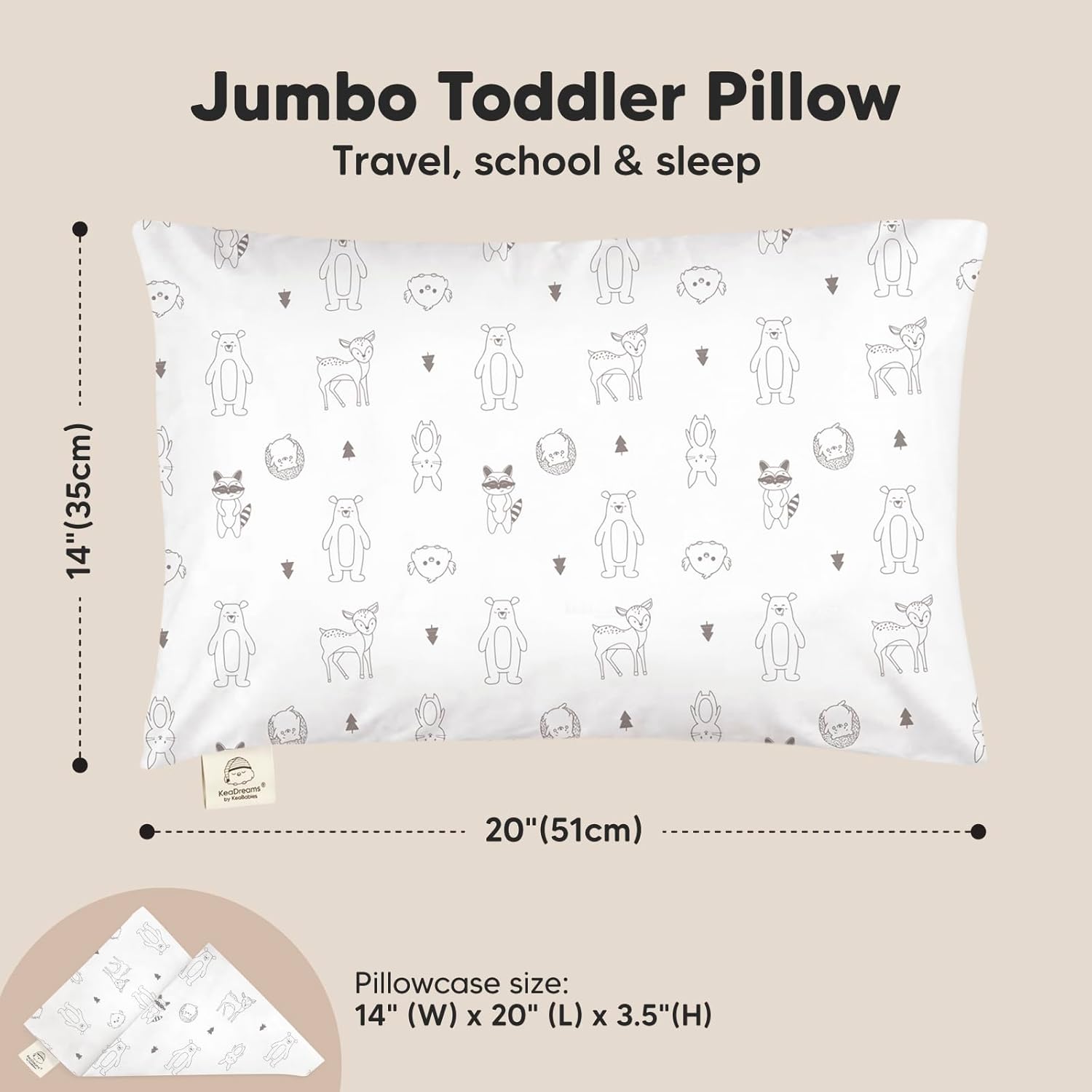 KeaBabies Toddler Pillow with Pillowcase, Jumbo 14X20 - Soft Organic Cotton Toddler Pillows for Sleeping - Machine Washable - Perfect for Travel, Toddler Bed Set (KeaFriends)