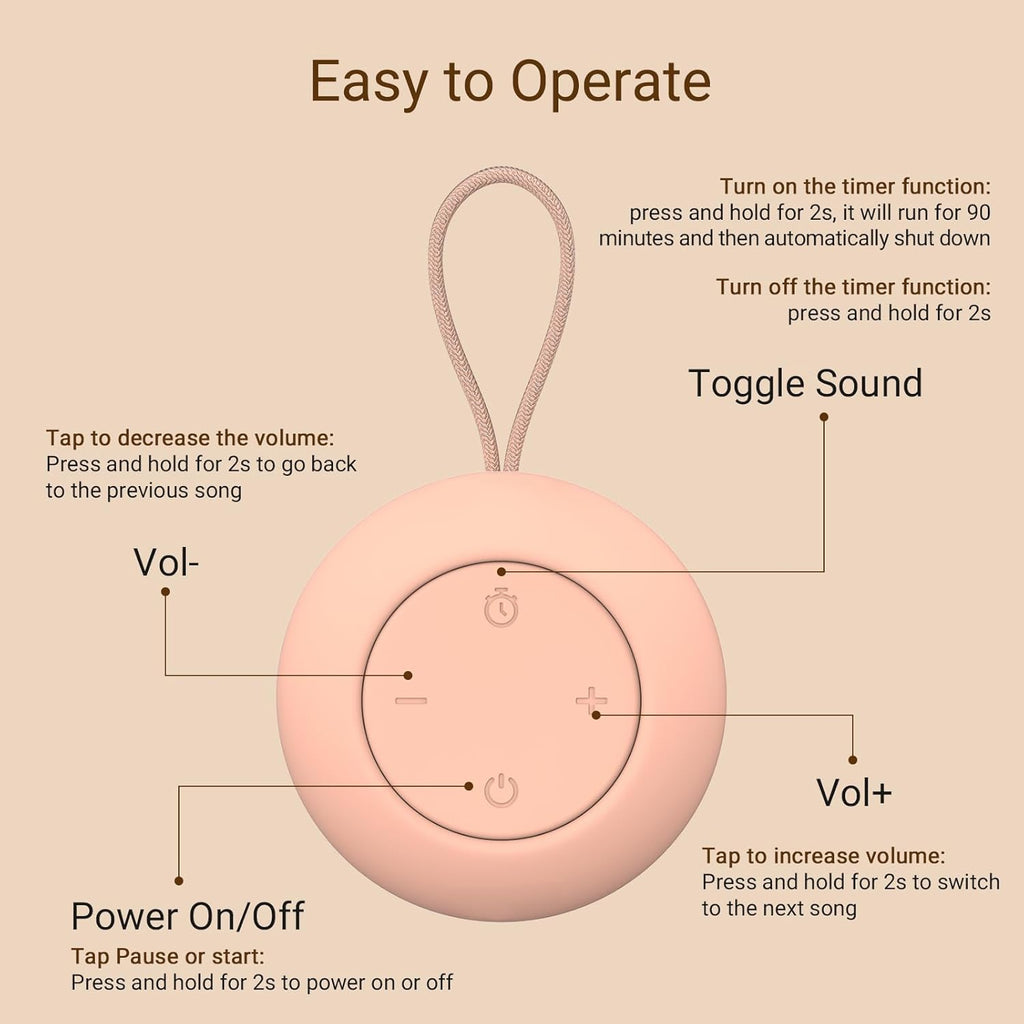 Portable Baby Sound Machine [White Noise for Babies Kids Adults][Sleep Soother][Timer Function][12 Soothing Sounds] 15 Hours Battery Life, Registry Gift,Shower,Clips on Baby Stroller.Peach