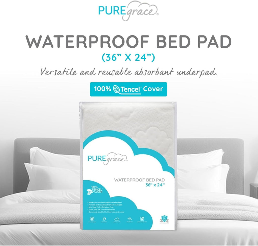 PUREgrace Tencel Waterproof Bed Pad - (36” x 24”) Washable and Reusable for Incontinence and Potty Training, Absorbent Underpad - Fits All Bed Sizes
