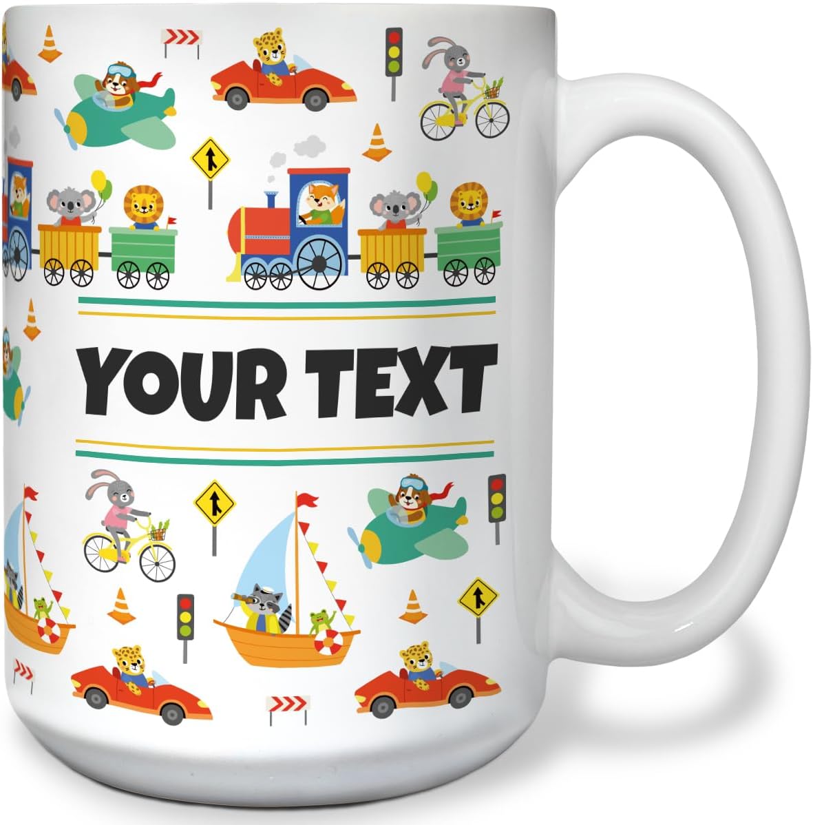 Personalized Mug for Kids - Vehicles - Custom Name/Text, Ceramic Hot Chocolate/Cocoa/Coffee Cup for Boys, Birthday/Christmas/Holiday Gift - 15 oz, White Handle