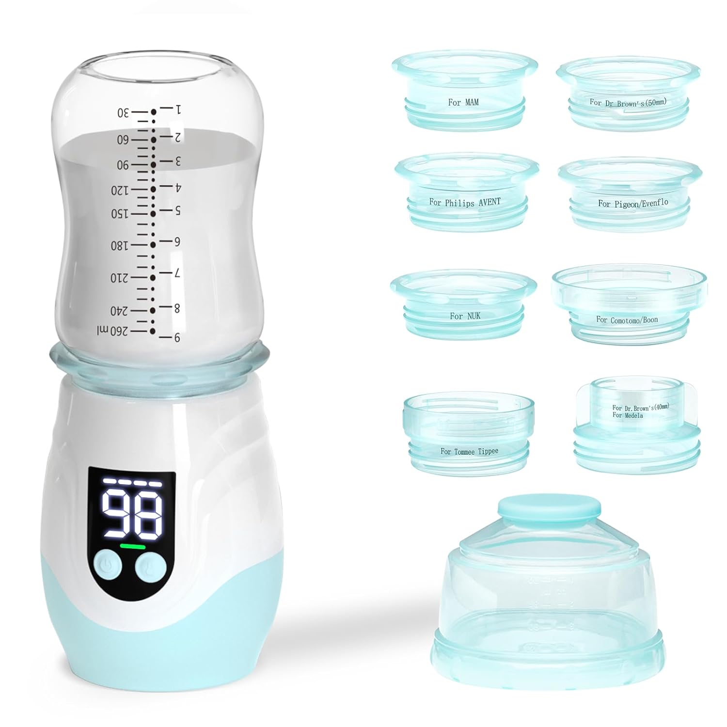 Portable Cordless Baby Bottle Warmer for Travel, Rechargeable with 8 Adapters & 1 Milk Powder Container, Safe Material, Fast Heating, Compatible with Major Brands,Blue