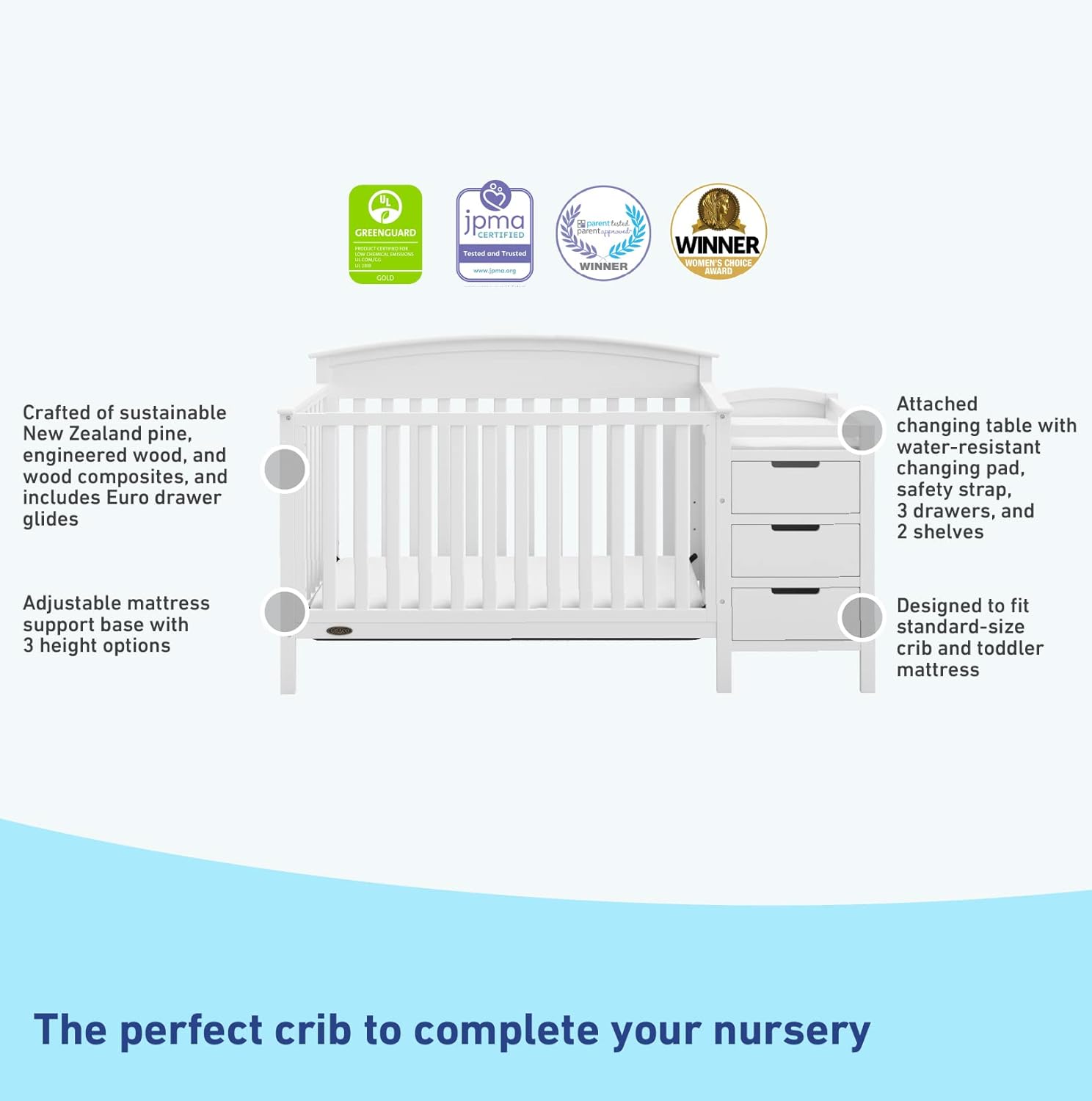 Graco Benton 5-in-1 Convertible Crib and Changer (White) – Crib and Changing -Table Combo, Includes Water-Resistant Changing Pad, 3 Drawers, Converts to Toddler Bed, Daybed and Full-Size Bed