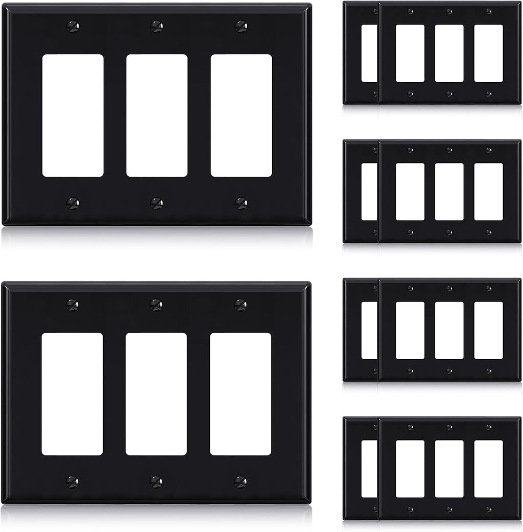 ELEGRP 3-Gang Decorative Wall Plates, Mid-Size 4.88" H x 6.75" L Unbreakable Thermoplastic Faceplate Cover for Decorator Receptacle Outlet Switch, UL Listed (10 Pack, Glossy Black)