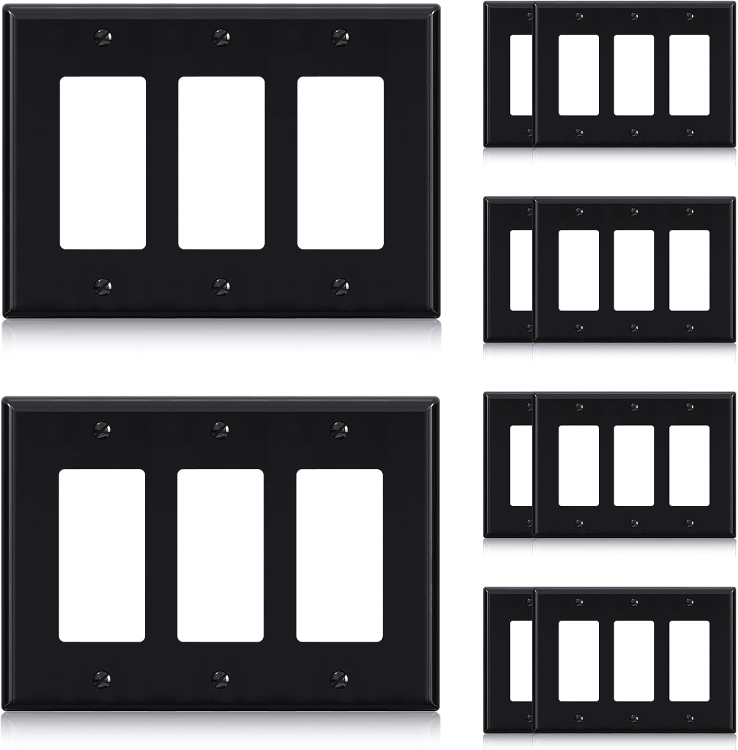 ELEGRP 3-Gang Decorative Wall Plates, Mid-Size 4.88" H x 6.75" L Unbreakable Thermoplastic Faceplate Cover for Decorator Receptacle Outlet Switch, UL Listed (10 Pack, Glossy Black)
