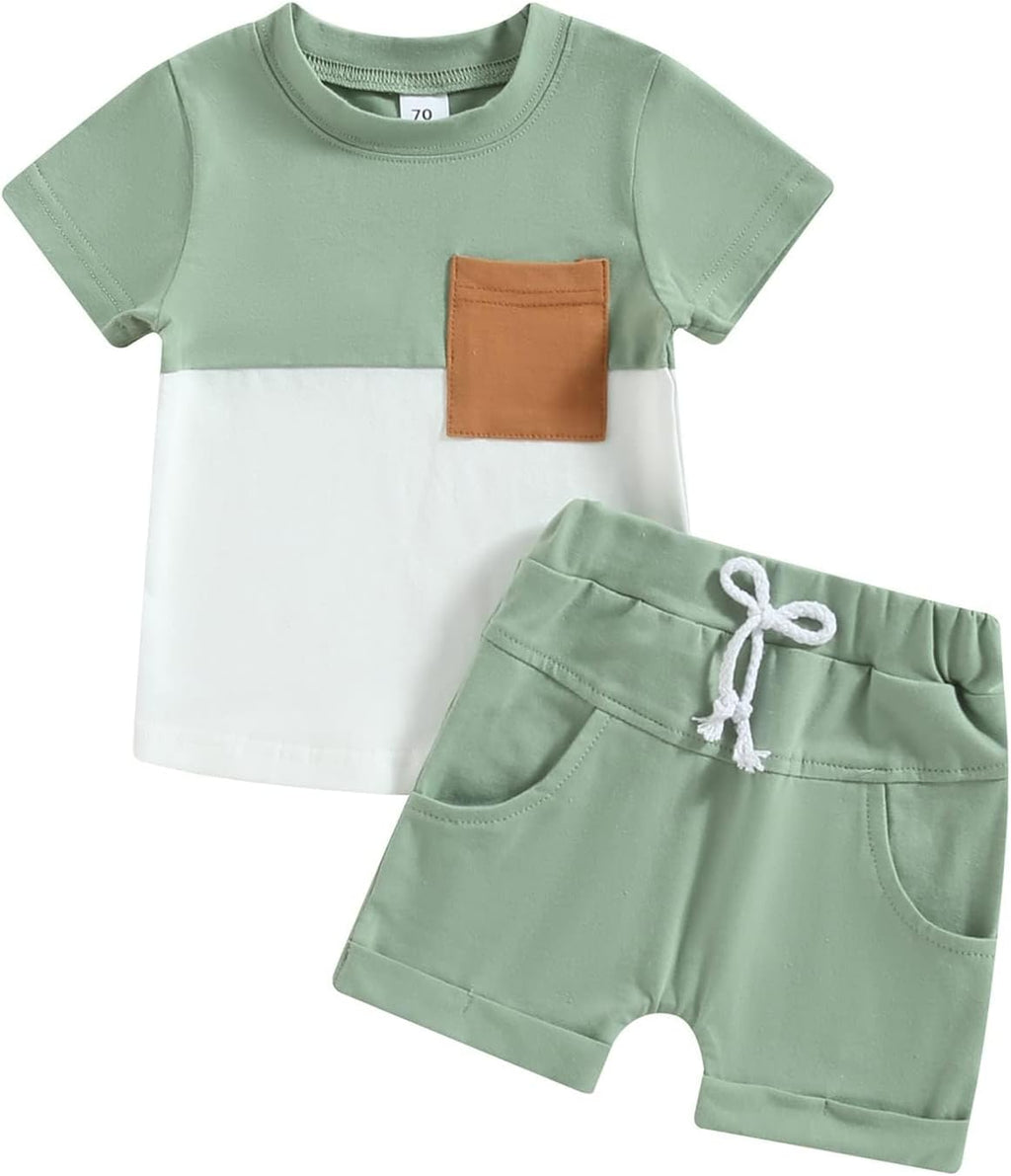fhutpw Baby Toddler Boy Clothes Summer Outfits 6 12 18 24 Months Patchwork Short Sleeve T Shirt & Shorts Sets with Pockets