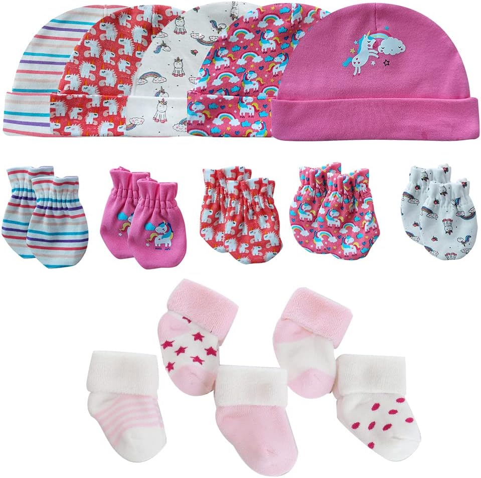 Newborn Baby Boy Girl Caps Mittens Socks Set Cotton Baby Essentials Accessories (Hats+Gloves+Socks)