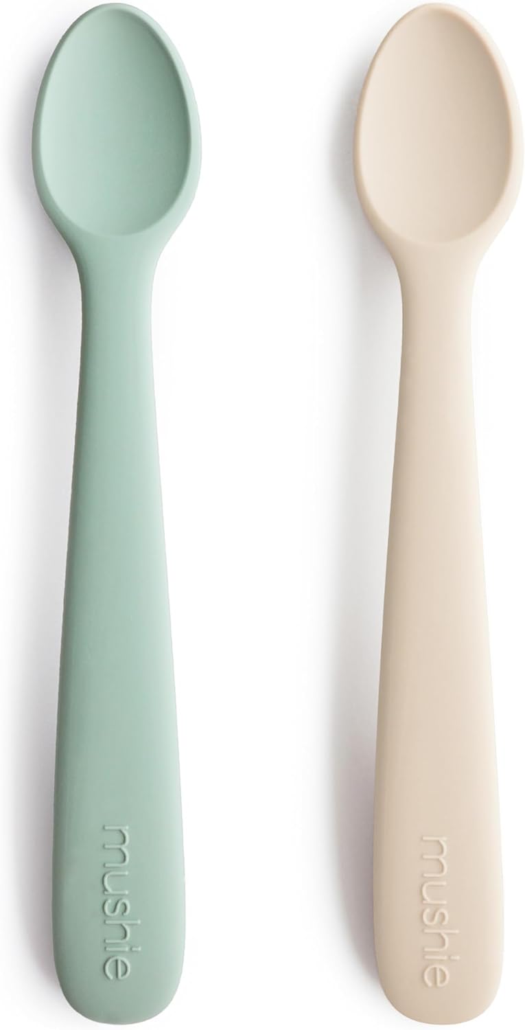 mushie Silicone Baby Feeding Spoons | 2 Pack (Cambridge Blue/Shifting Sand)