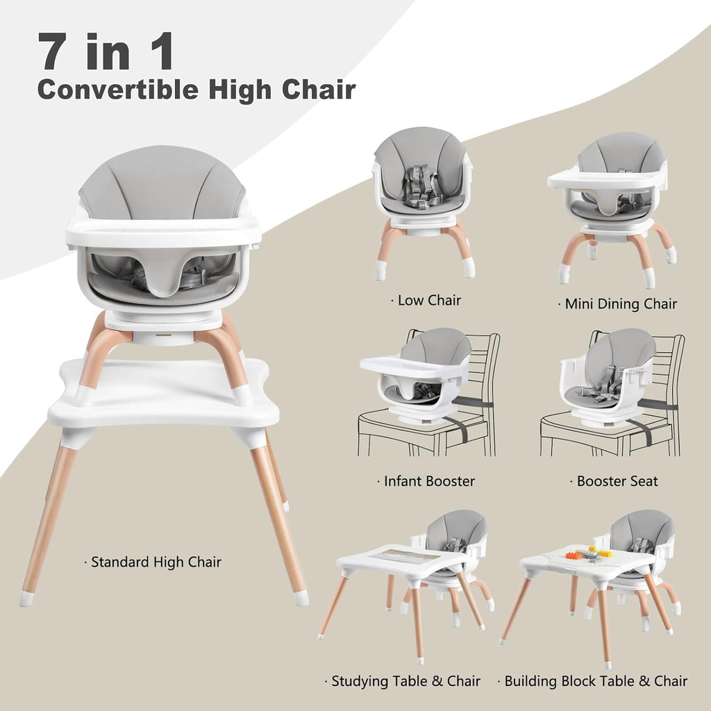 Baby High Chair, 7 in 1 Convertible High Chairs for Babies and Toddlers, Kids Learning Table, Building Block Table, Toddler Dining Chair with 360° Rotating Seat, 5-Point Safety Harness (Grey)