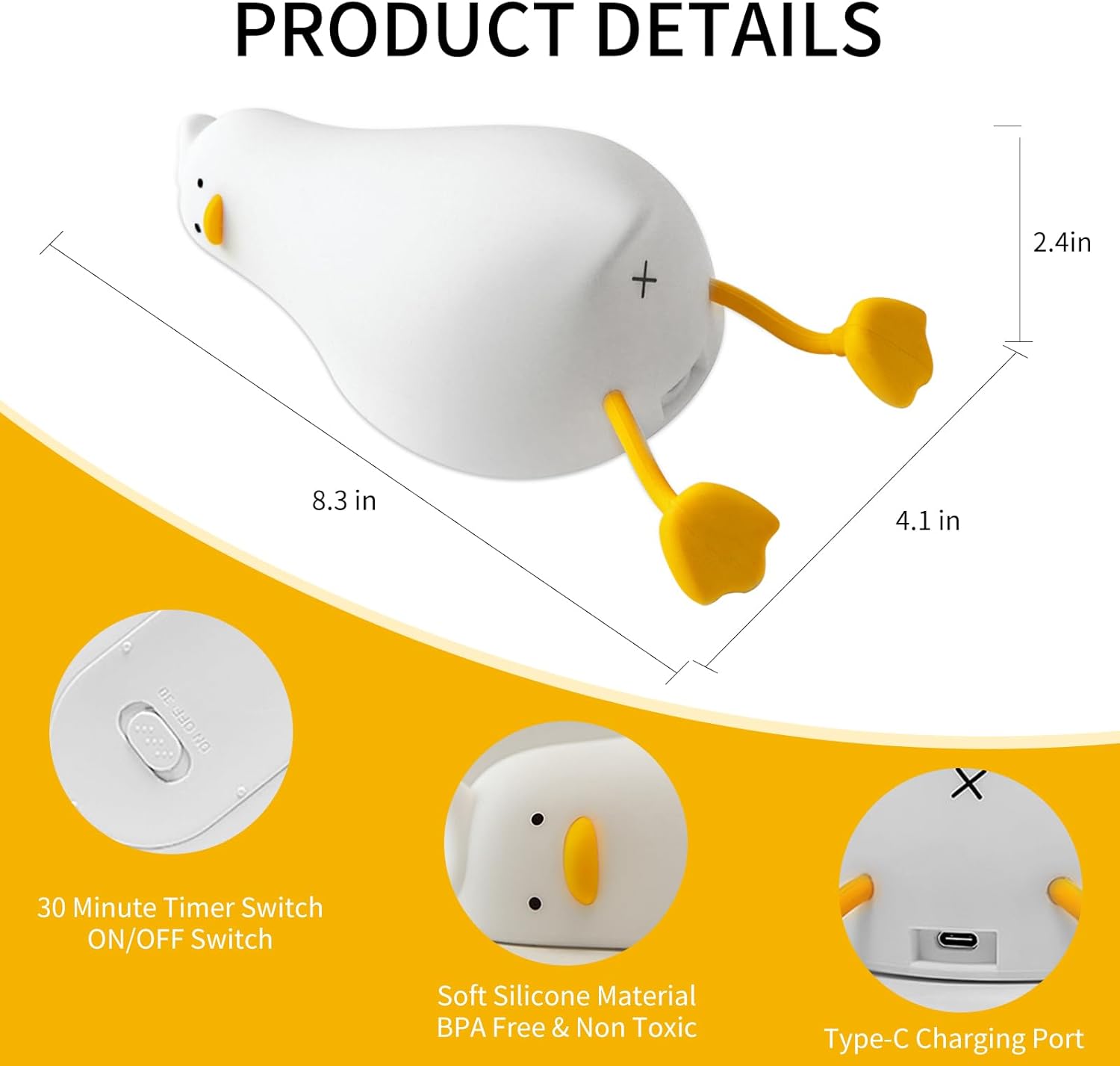 Squishy Night Light, Lying Flat Duck Night Light, Travel Nightlight, 3 Level Dimmable Nursery, Rechargeable Bedside Touch Lamp for Breastfeeding Toddler Baby Kids Decor