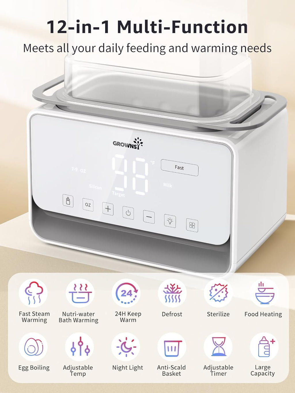 GROWSNY Fast Baby Bottle Warmer, 12-in-1 Milk Warmer with Steam and Water Bath Warming Modes for Breastmilk &Formula, Food Heating,with Thaw, Steri-lize, Egg Boil Function, Fits Most Types of Bottles