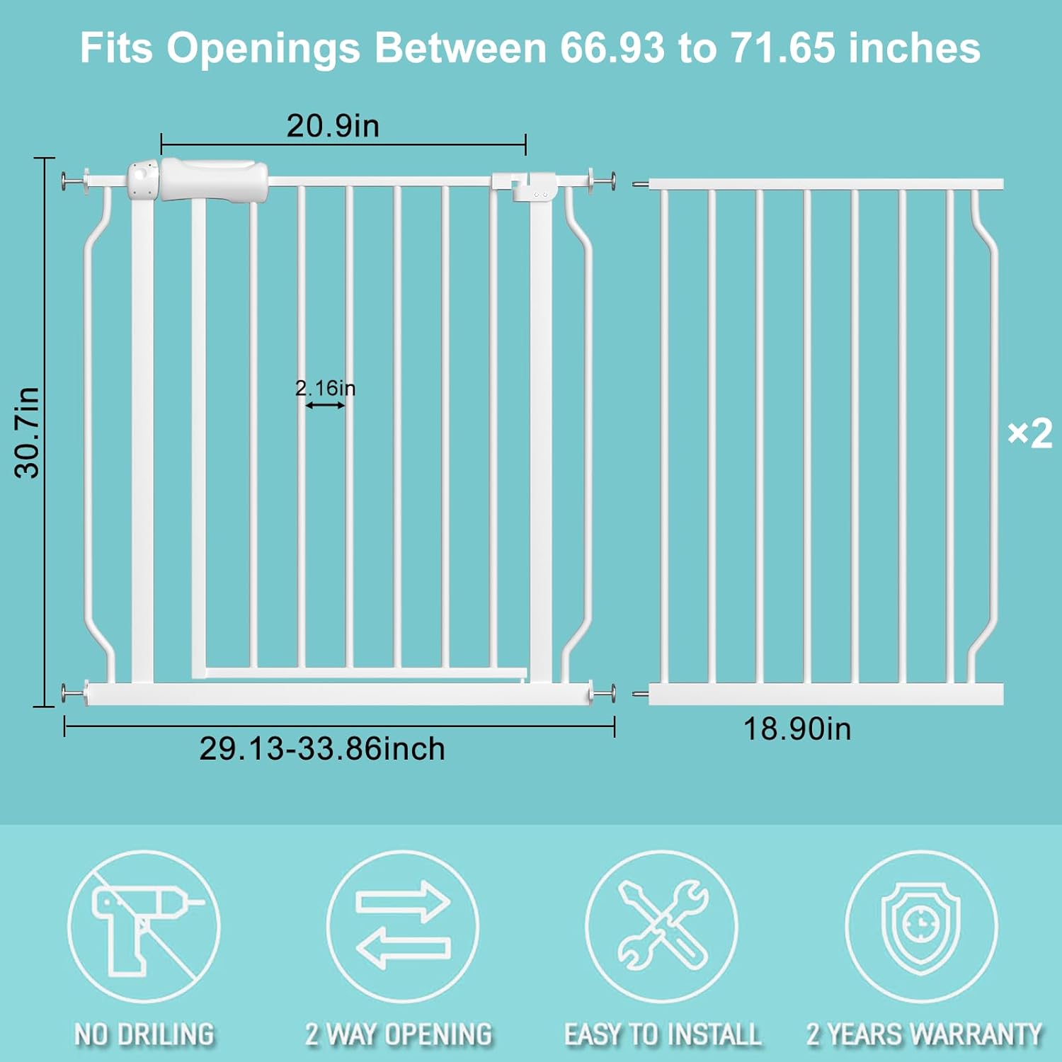 WAOWAO Baby Gate 66.93-71.61" Extra Wide Pressure Mounted Walk Through Swing Auto Close Safety White Metal Toddler Kids Child Dog Pet Puppy for Stairs,Doorways,Kitchen
