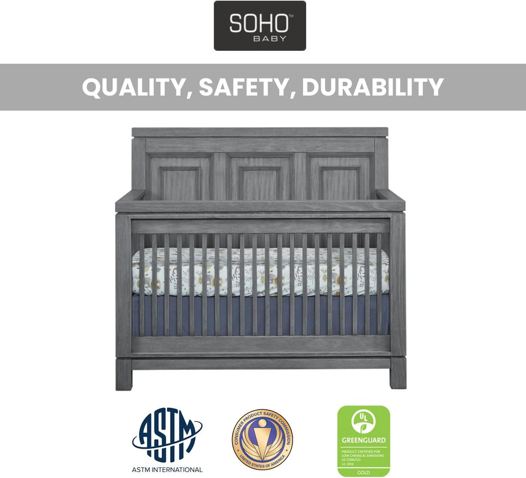 Soho Baby Manchester Premium 4-in-1 Convertible Crib, Flat-Top Headboard, Rustic Gray, GreenGuard Gold Certified