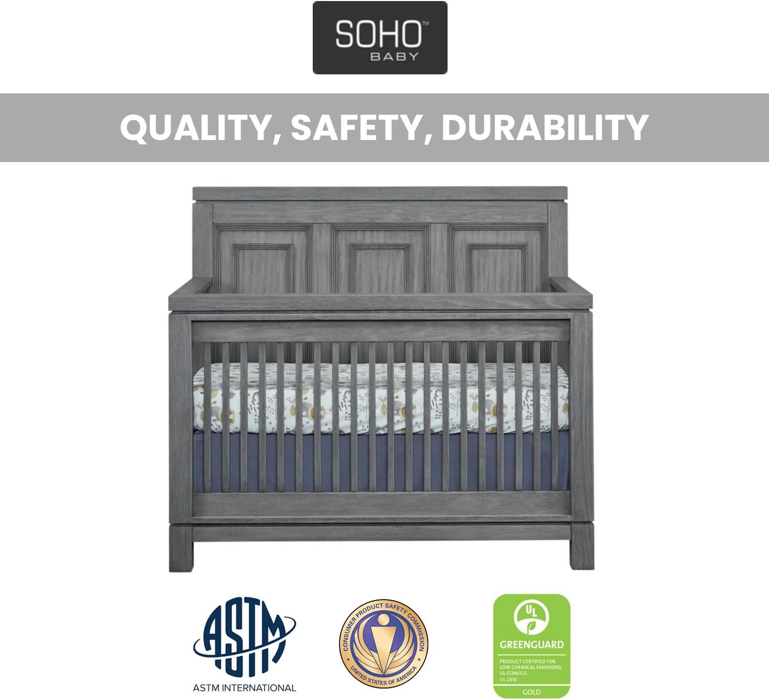 Soho Baby Manchester Premium 4-in-1 Convertible Crib, Flat-Top Headboard, Rustic Gray, GreenGuard Gold Certified