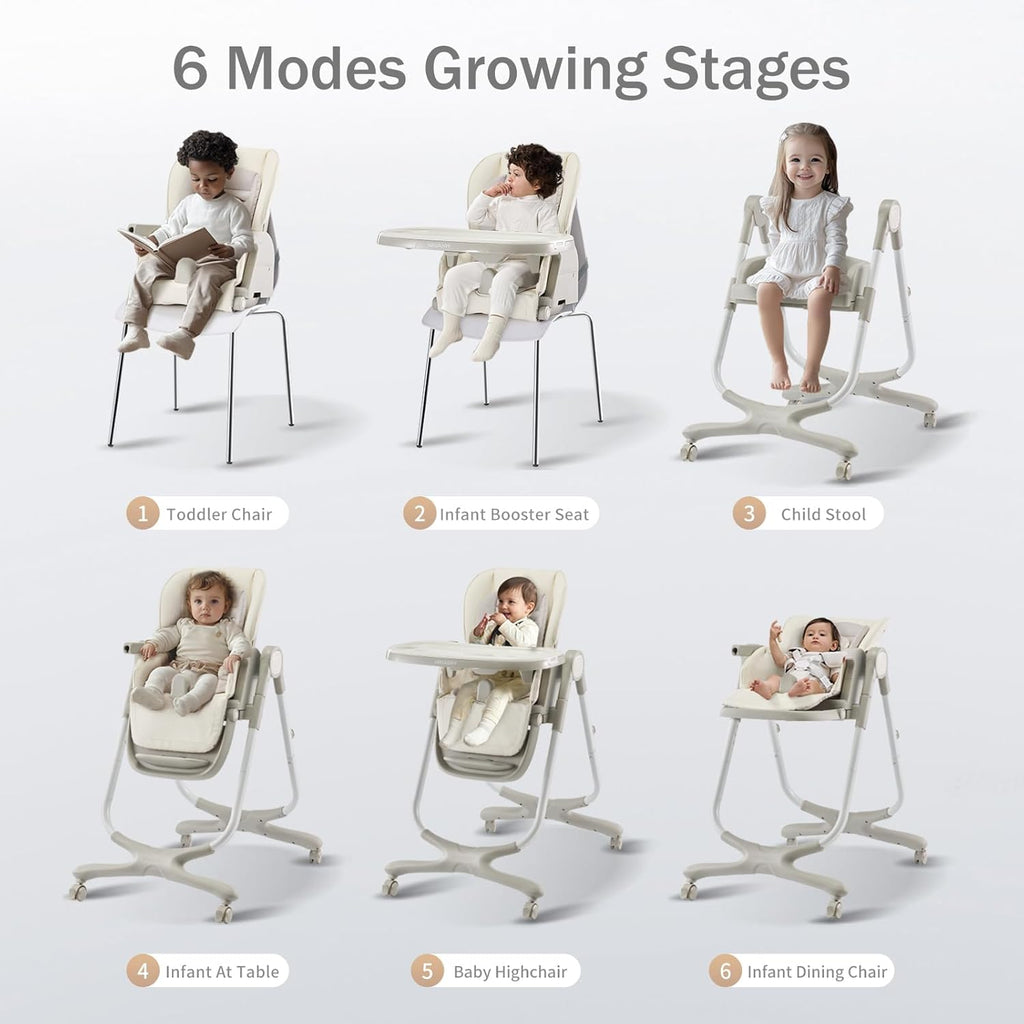 6 in 1 Convertible High Chairs for Babies and Toddlers,Portable High Chair with Dishwasher Tray and 4 Wheel,Booster Seat for Dining Table,Foldable Toddle and Baby Feeding Highchair (White)