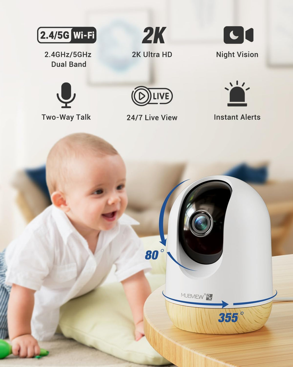 MUBVIEW 5G WiFi Indoor Security Camera No Subscription, Pet Camera with Phone App, Baby Monitor WiFi Smartphone, 2K Night Vision Pan-Tilt Dog Cam, Auto Tracking, 2-Way Audio, SD or Cloud Storage