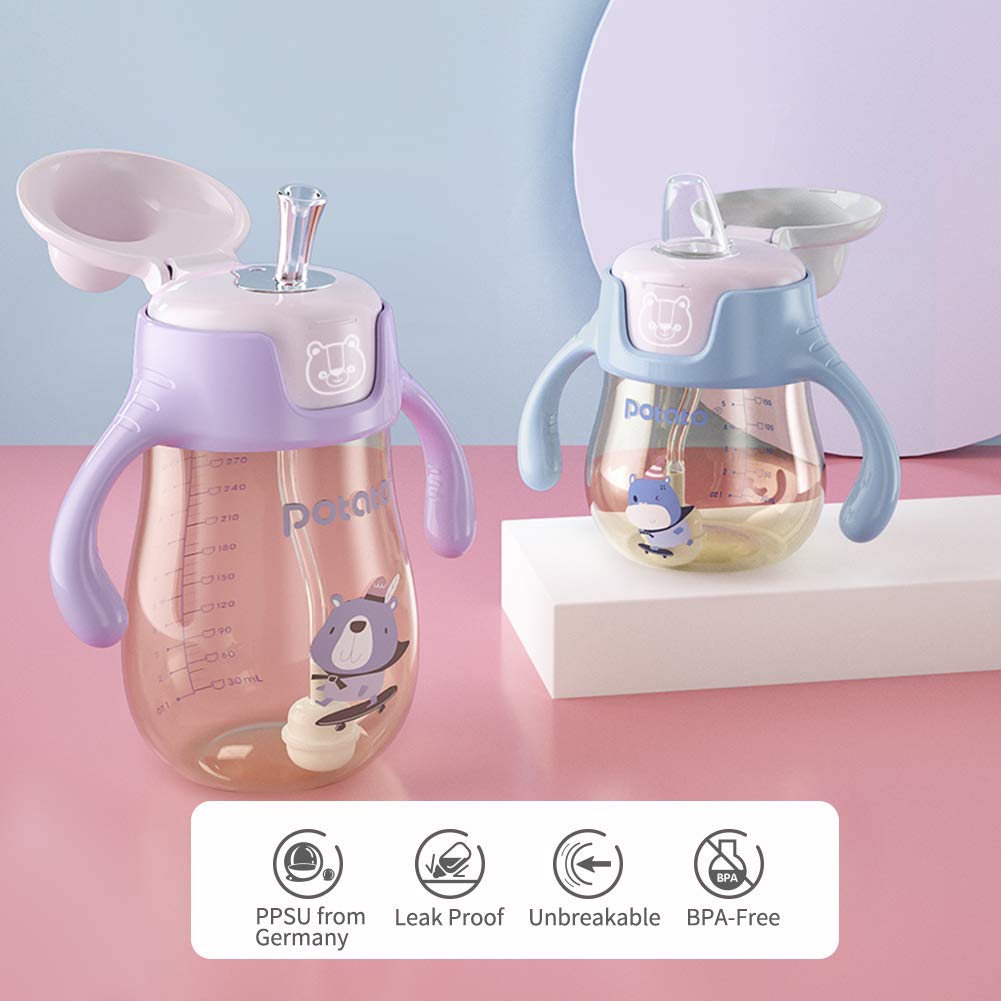 POTATO Sippy Cups For Toddlers with Straw Spill Proof, PPSU Learner Cup with Handle for Babies, Water Bottle for Baby 6 Months with 2 Type of Spout, 6 Ounce Green