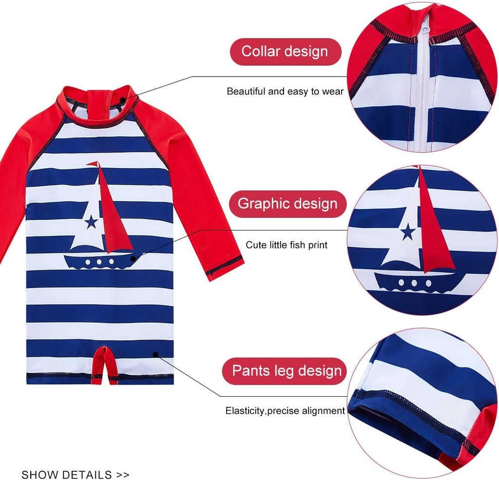 uideazone Baby Boys One Piece Swimsuit Long Sleeve UPF 50+ Rash Guard Bathing Suit Swimwear with Sun Hat 0-24 Months