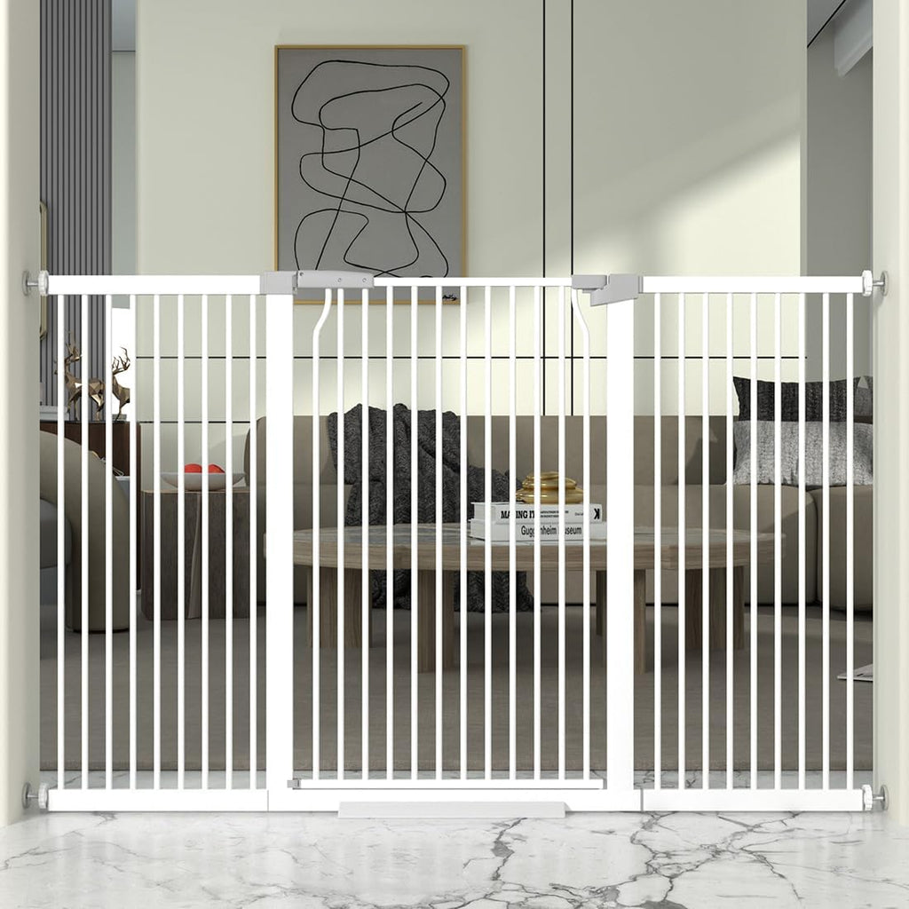 41" Extra Tall and Wide Baby Gate, 63-65.7'' Wide Pet Cat Gate for Doorway, Extra Wide Pressure Mounted Child Door with Expansion Kit, Metal Safe Gate, Tall Dog Gate, White